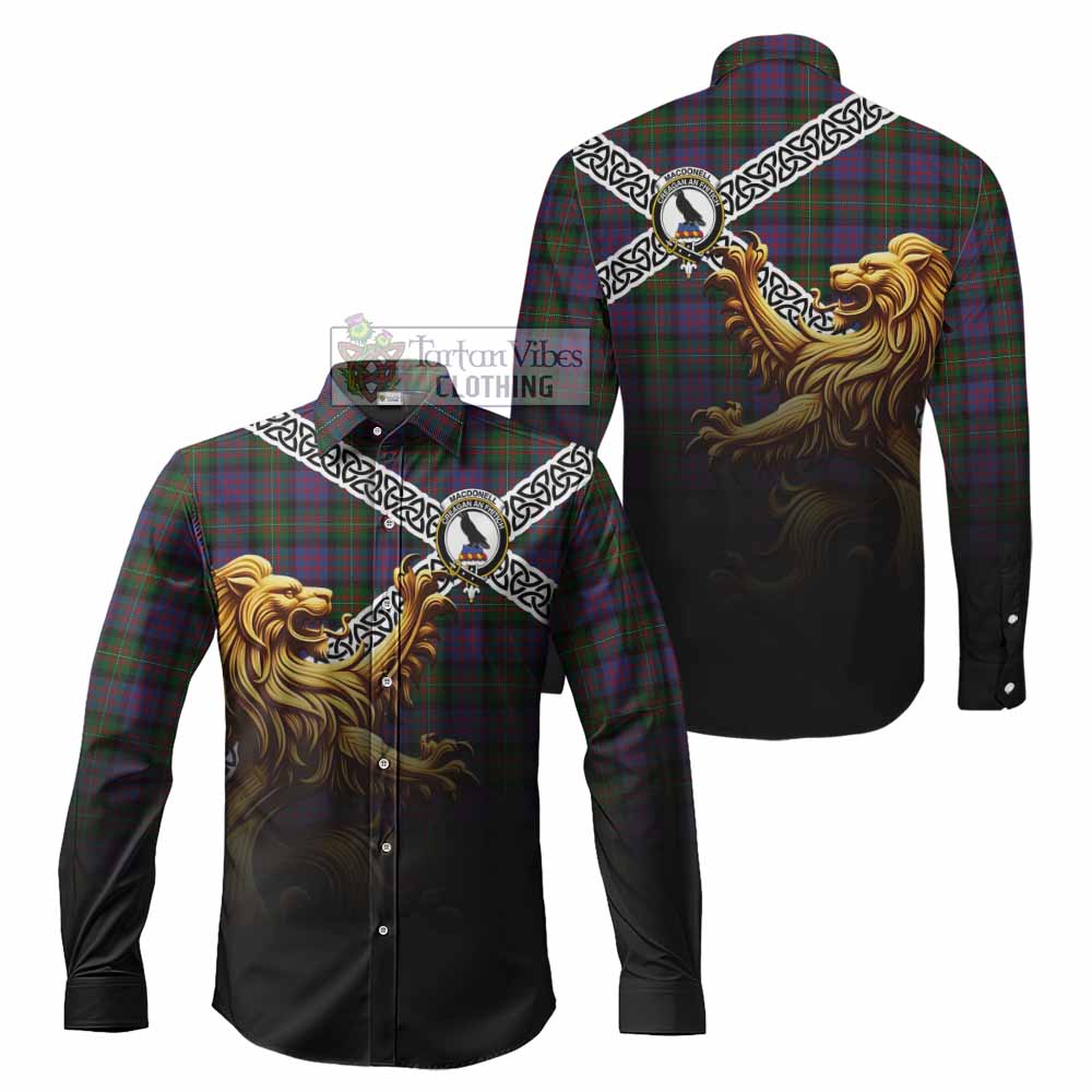 MacDonell (McDonell) Crest Tartan Long Sleeve Button Shirt with Golden Lion Emblem Celtic Style - Tartan Vibes Clothing