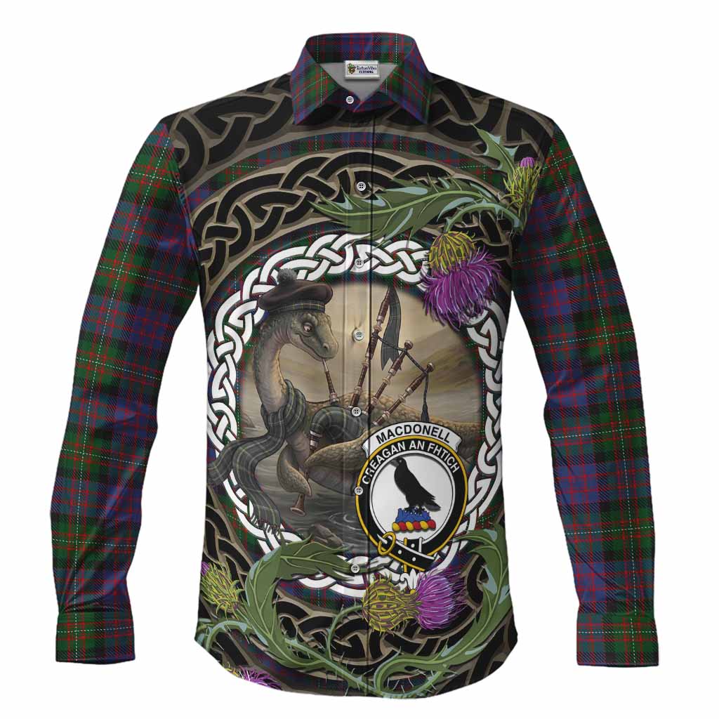 MacDonell (McDonell) Tartan Crest Bagpipe Nessie Long Sleeve Button Shirts Scottish Loch Ness Monster Celtic Thistle