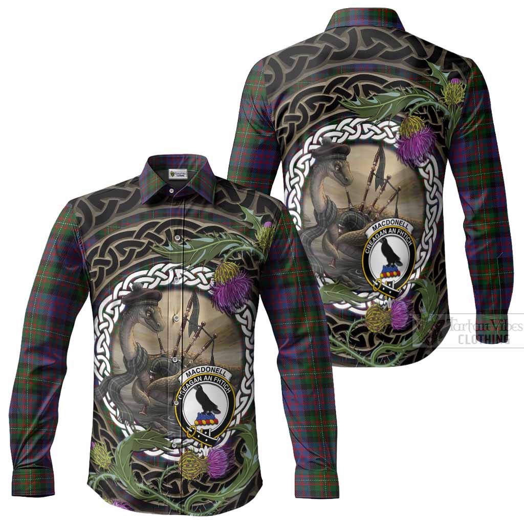MacDonell (McDonell) Tartan Crest Bagpipe Nessie Long Sleeve Button Shirts Scottish Loch Ness Monster Celtic Thistle
