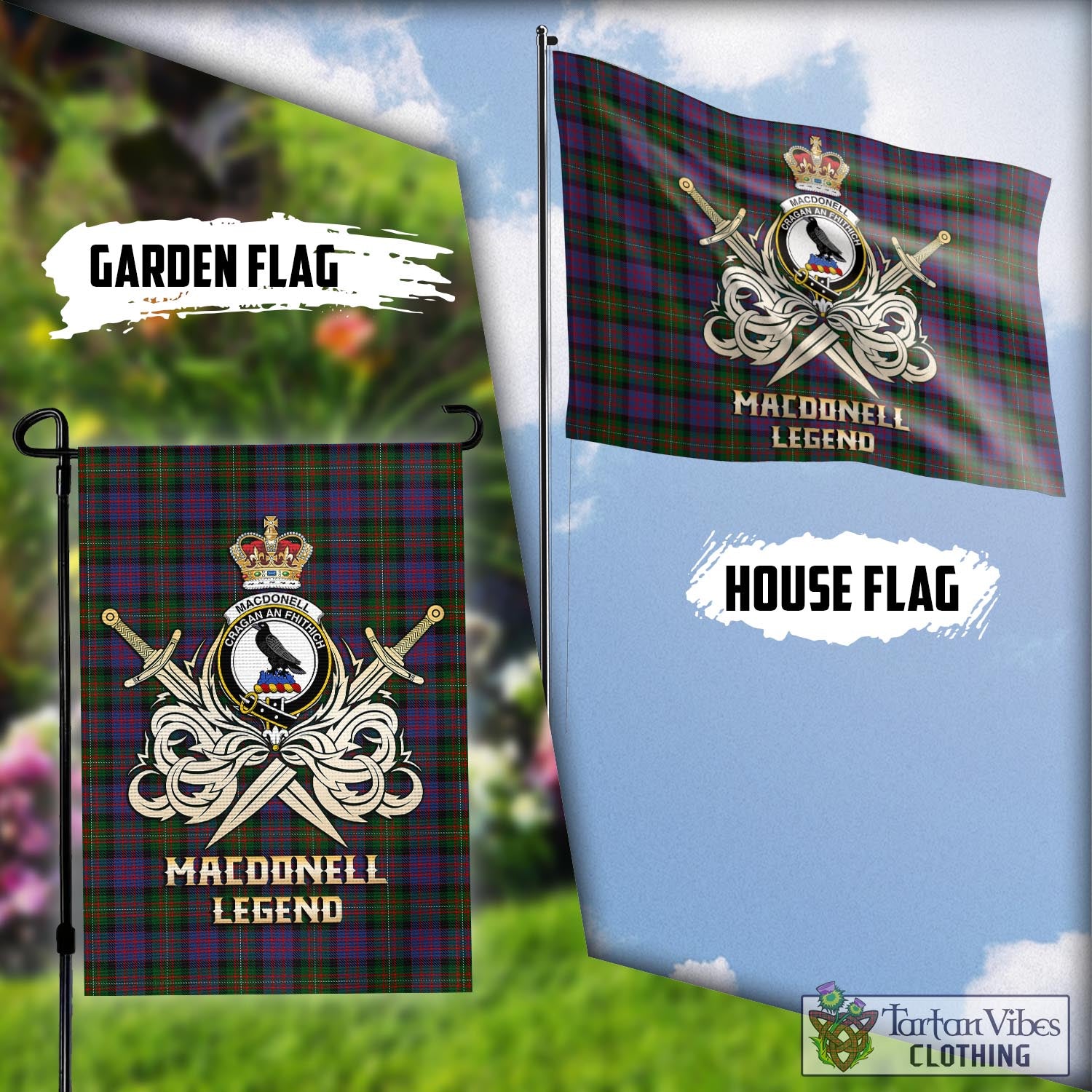 Tartan Vibes Clothing MacDonell of Glengarry Tartan Flag with Clan Crest and the Golden Sword of Courageous Legacy