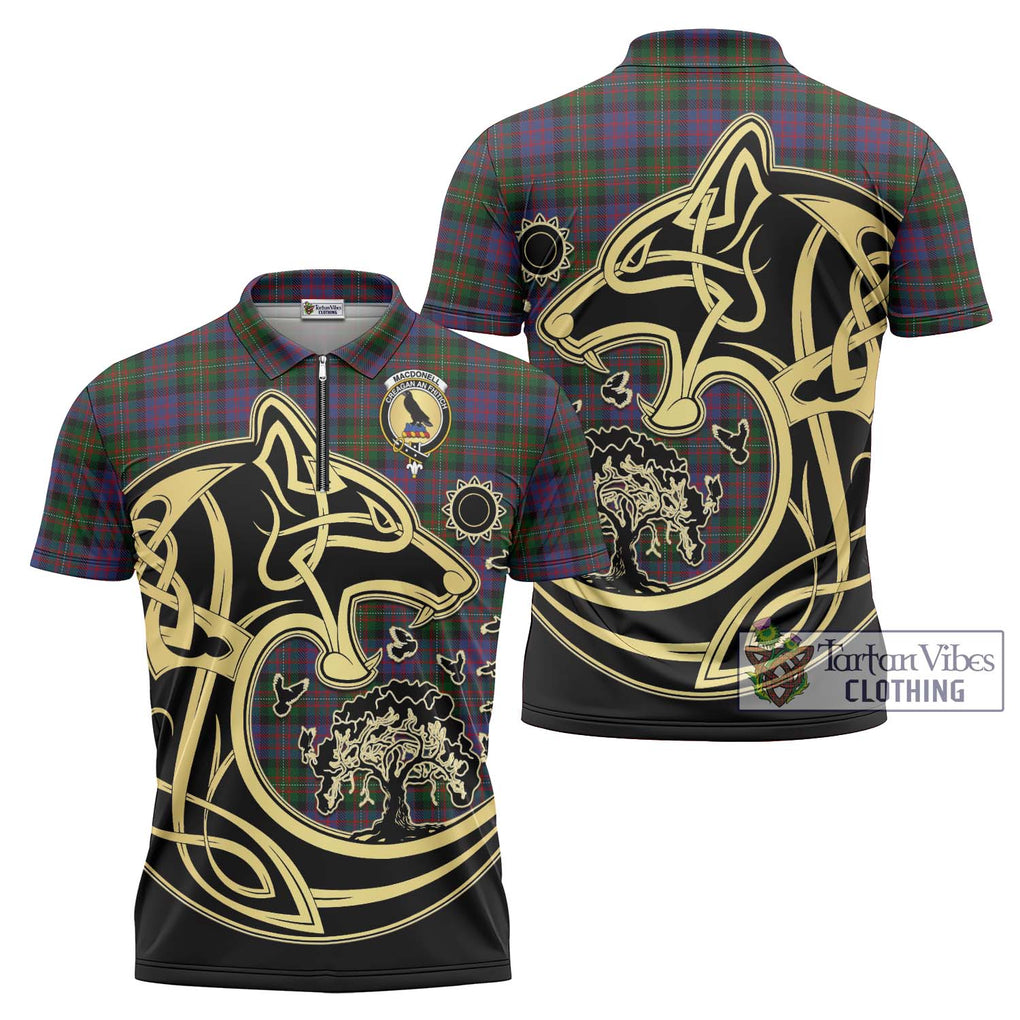 MacDonell (McDonell) Tartan Zipper Polo Shirt with Family Crest Celtic Wolf Style Unisex - Tartan Vibes Clothing