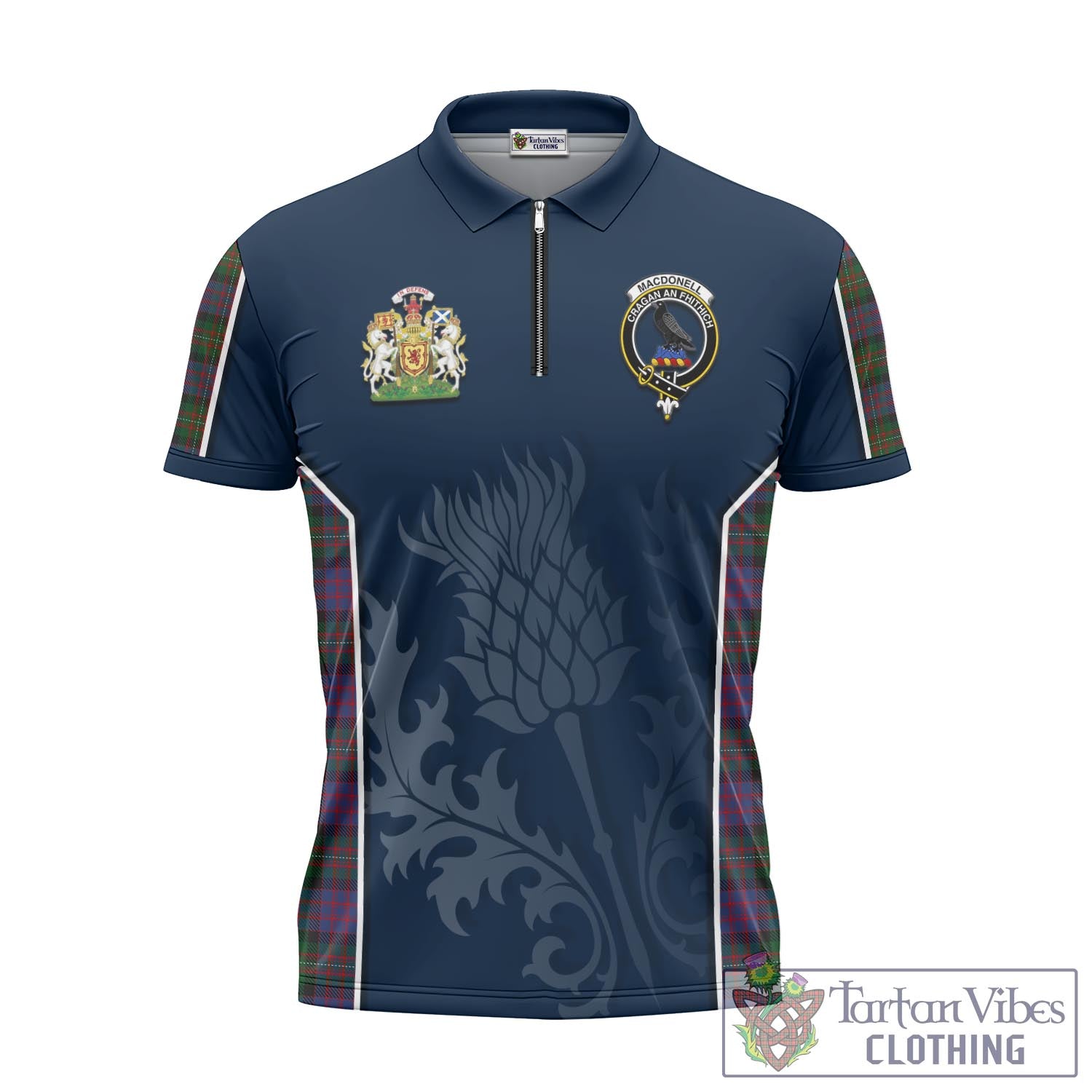 Tartan Vibes Clothing MacDonell of Glengarry Tartan Zipper Polo Shirt with Family Crest and Scottish Thistle Vibes Sport Style