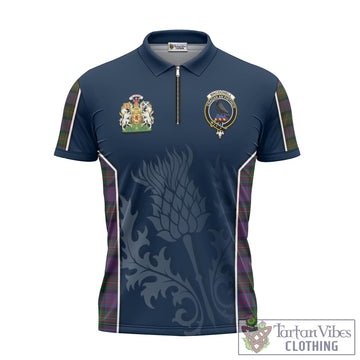 MacDonell of Glengarry Tartan Zipper Polo Shirt with Family Crest and Scottish Thistle Vibes Sport Style