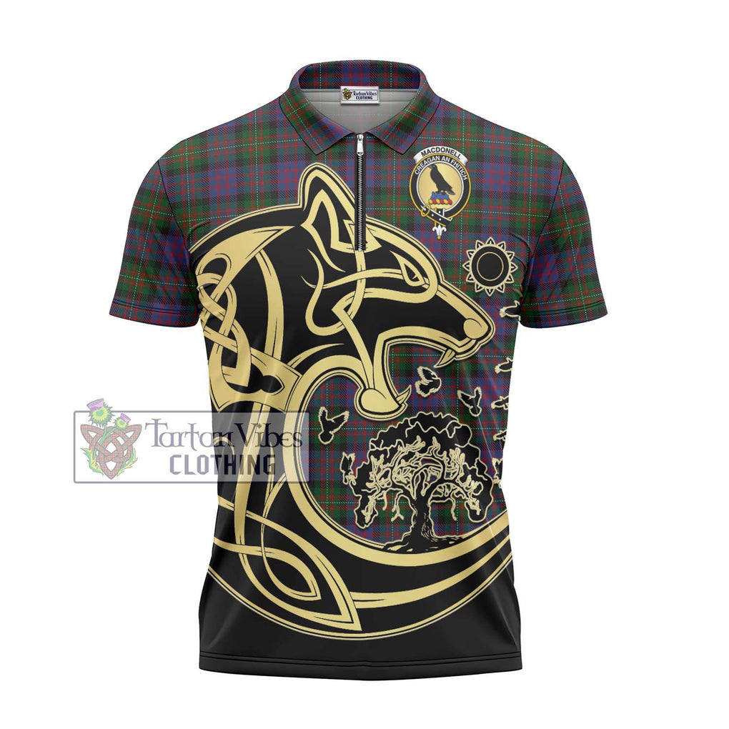 MacDonell (McDonell) Tartan Zipper Polo Shirt with Family Crest Celtic Wolf Style - Tartan Vibes Clothing