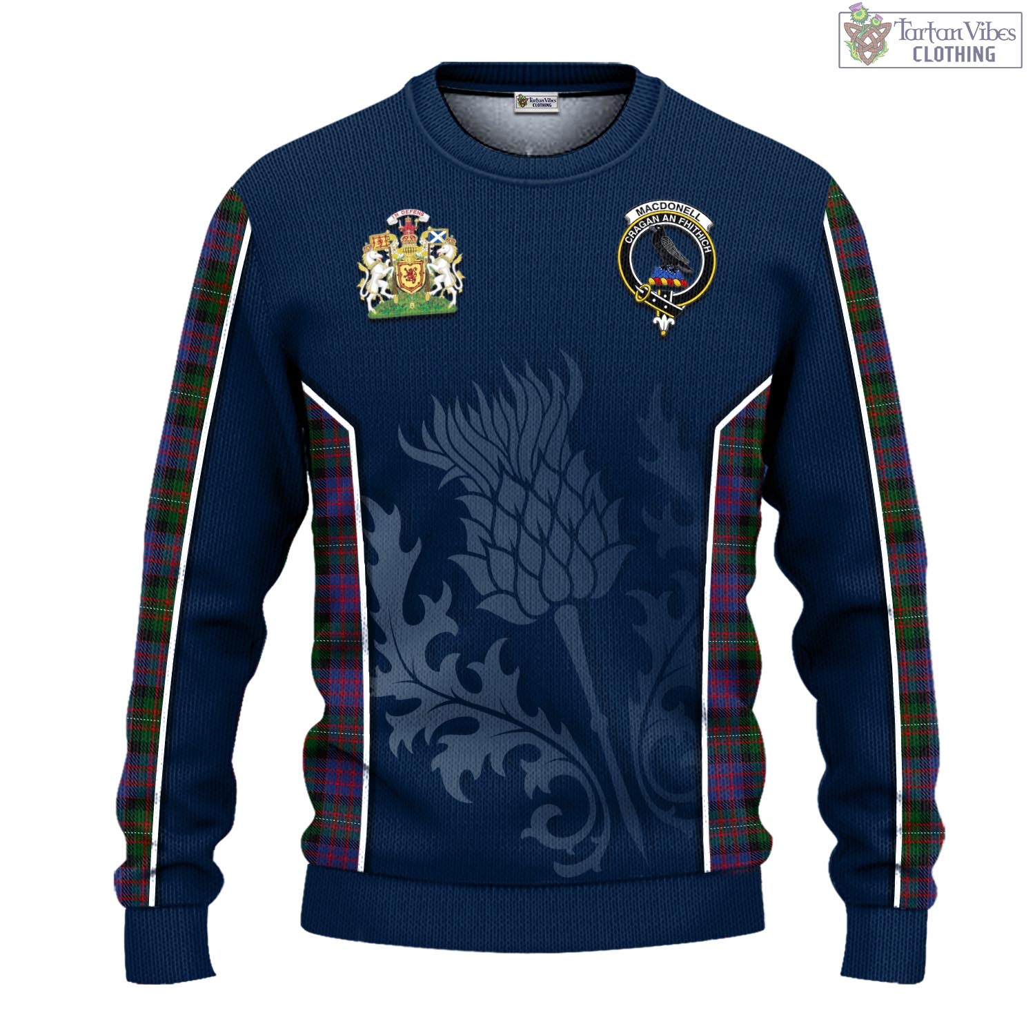 MacDonell (McDonell) Tartan Knitted Sweatshirt with Family Crest and Scottish Thistle Vibes Sport Style - Tartan Vibes Clothing