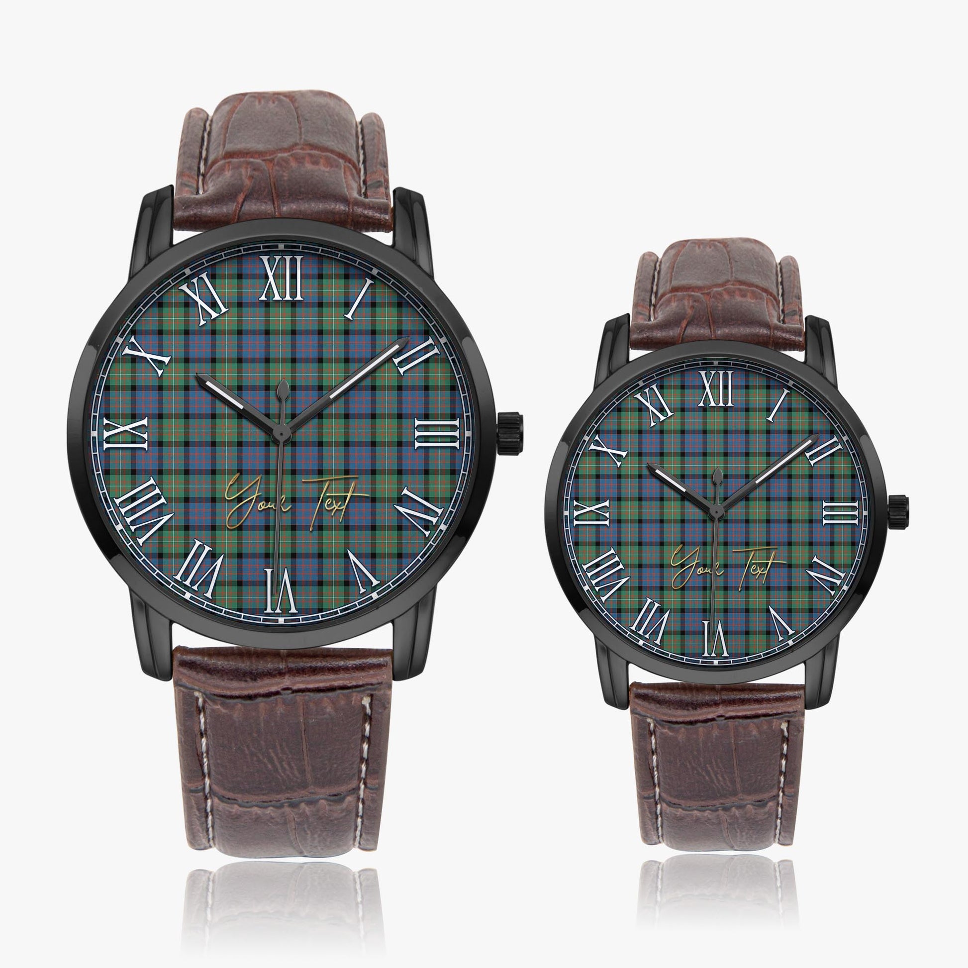 MacDonell of Glengarry Ancient Tartan Personalized Your Text Leather Trap Quartz Watch Wide Type Black Case With Brown Leather Strap - Tartanvibesclothing