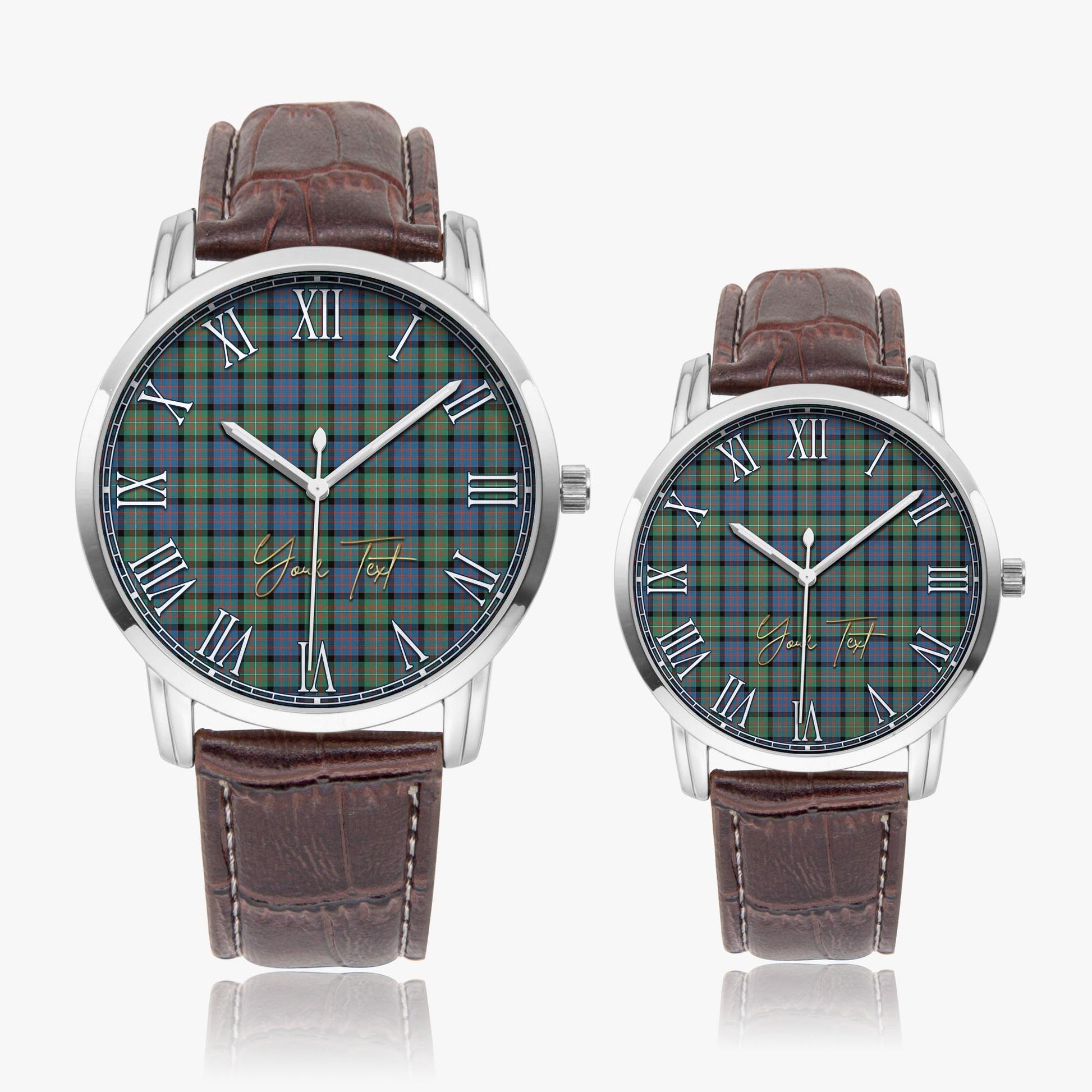 MacDonell of Glengarry Ancient Tartan Personalized Your Text Leather Trap Quartz Watch Wide Type Silver Case With Brown Leather Strap - Tartanvibesclothing