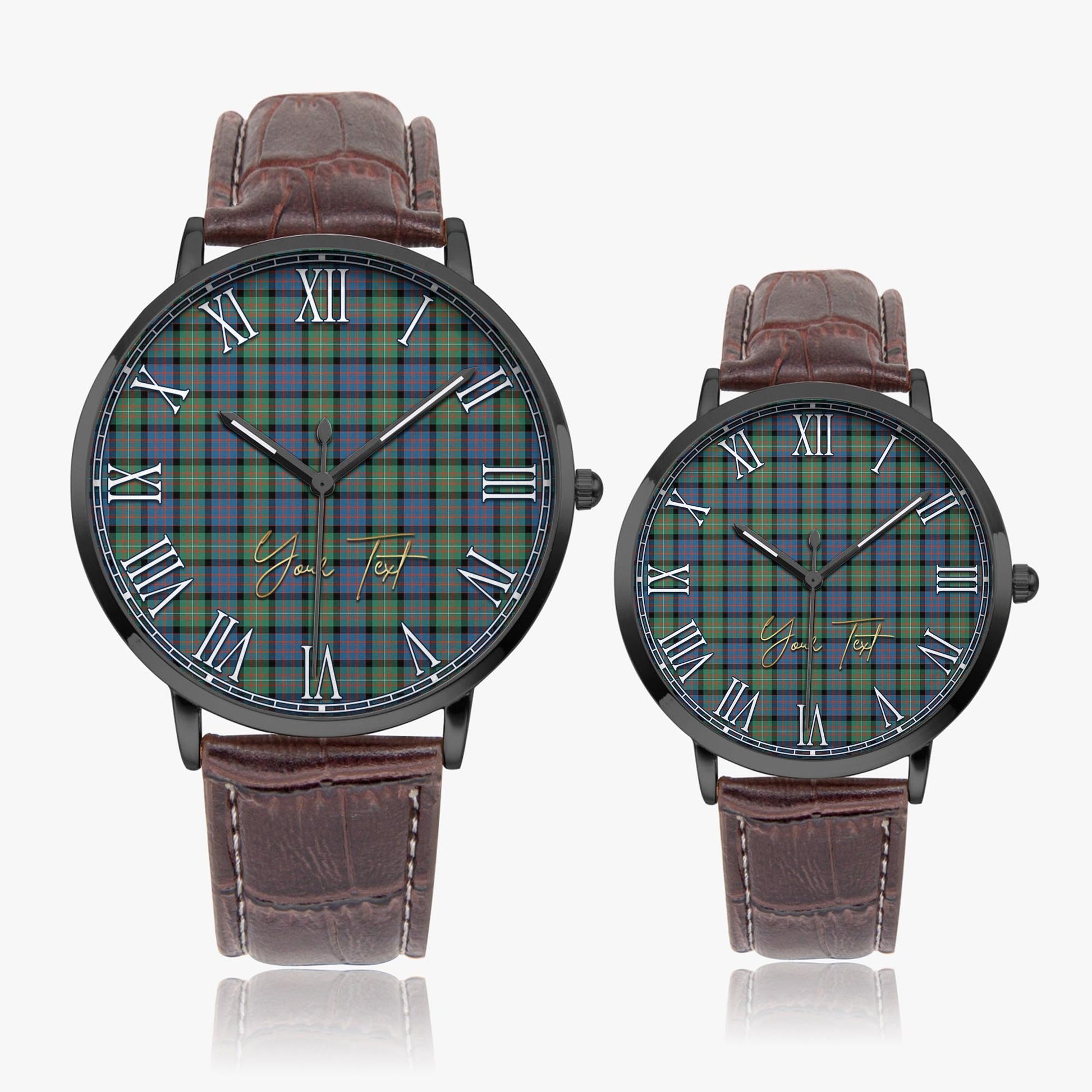 MacDonell of Glengarry Ancient Tartan Personalized Your Text Leather Trap Quartz Watch Ultra Thin Black Case With Brown Leather Strap - Tartanvibesclothing