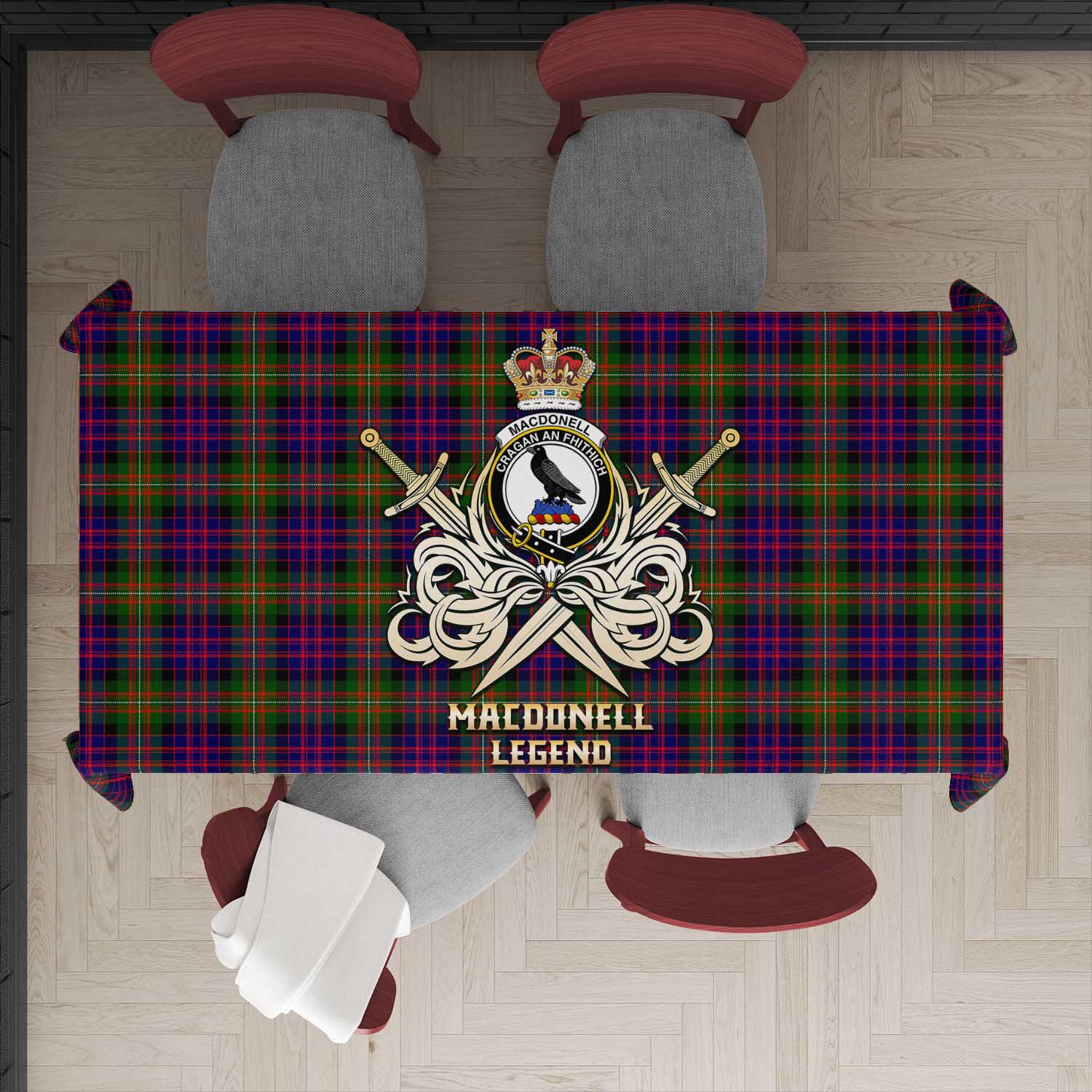 Tartan Vibes Clothing MacDonell of Glengarry Modern Tartan Tablecloth with Clan Crest and the Golden Sword of Courageous Legacy
