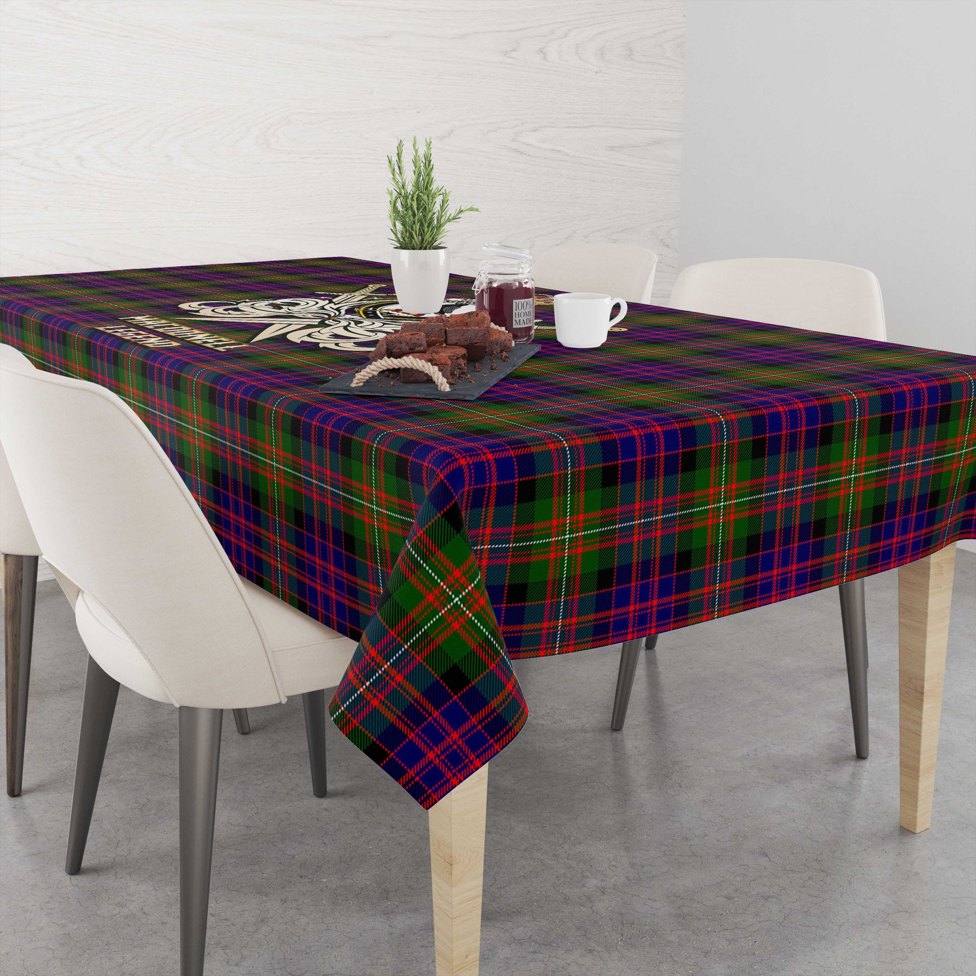 Tartan Vibes Clothing MacDonell of Glengarry Modern Tartan Tablecloth with Clan Crest and the Golden Sword of Courageous Legacy