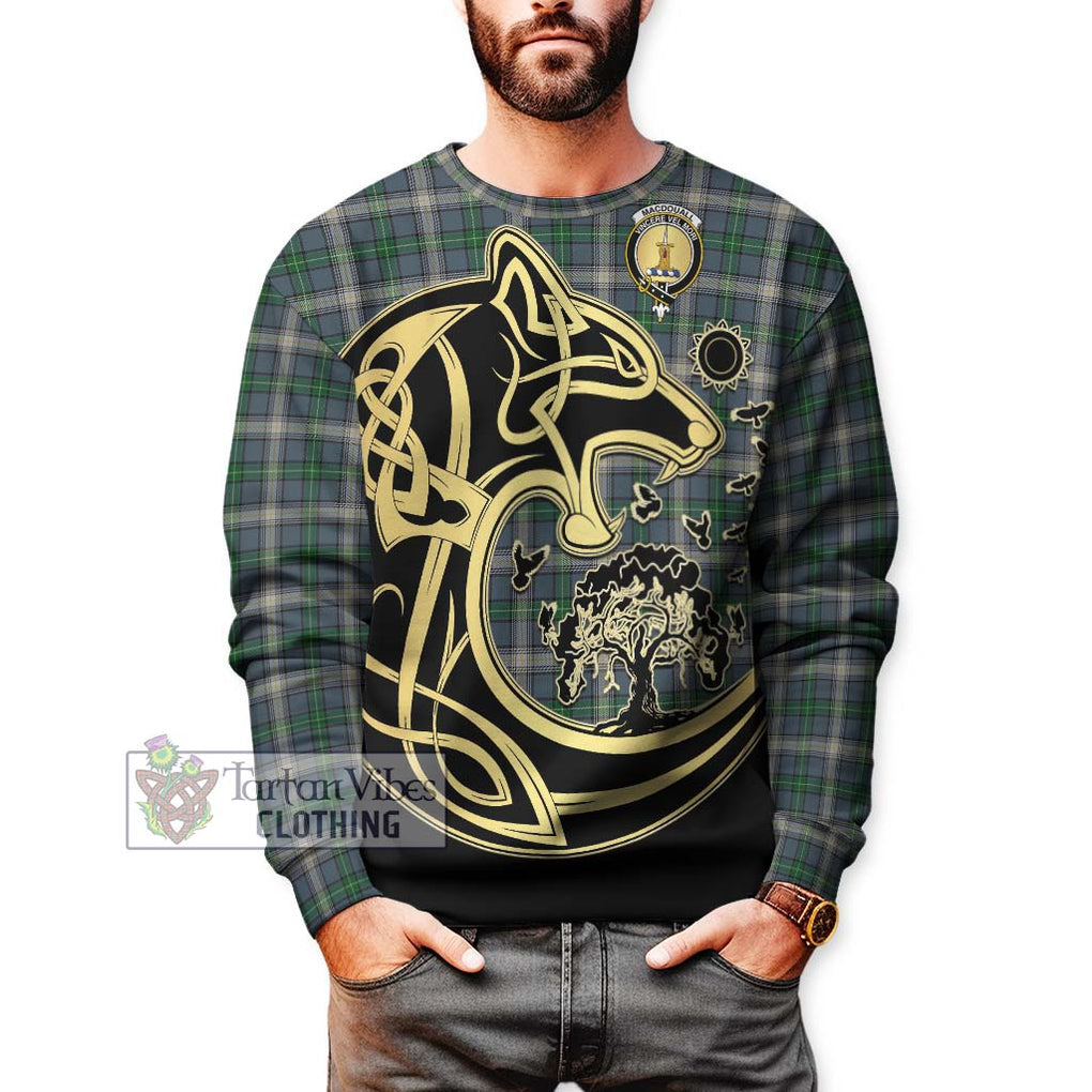MacDouall Tartan Sweatshirt with Family Crest Celtic Wolf Style Unisex - Tartan Vibes Clothing
