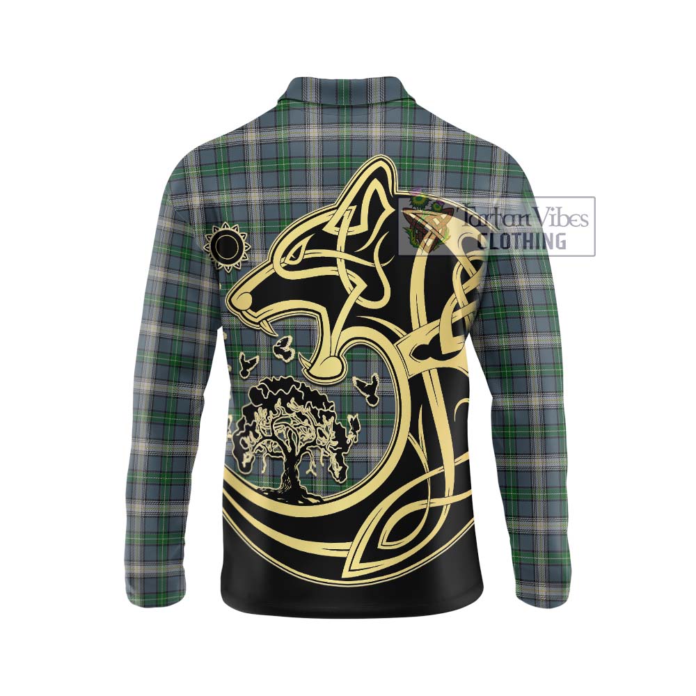 MacDouall Tartan Long Sleeve Polo Shirt with Family Crest Celtic Wolf Style - Tartan Vibes Clothing
