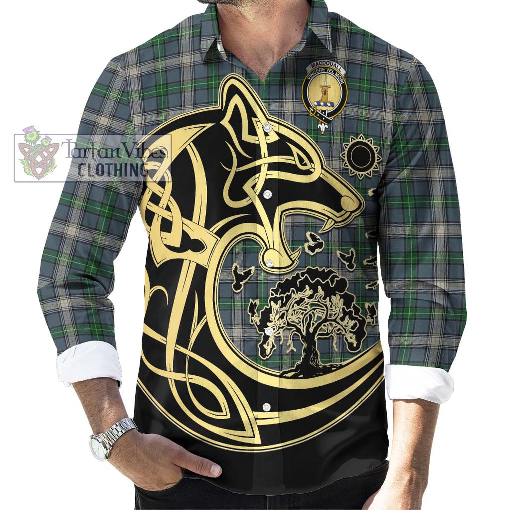 MacDouall Tartan Long Sleeve Button Shirt with Family Crest Celtic Wolf Style - Tartan Vibes Clothing