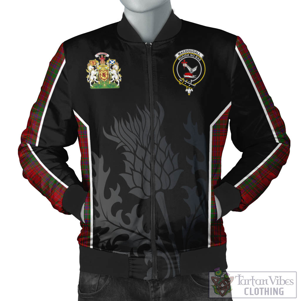Tartan Vibes Clothing MacDougall Tartan Bomber Jacket with Family Crest and Scottish Thistle Vibes Sport Style