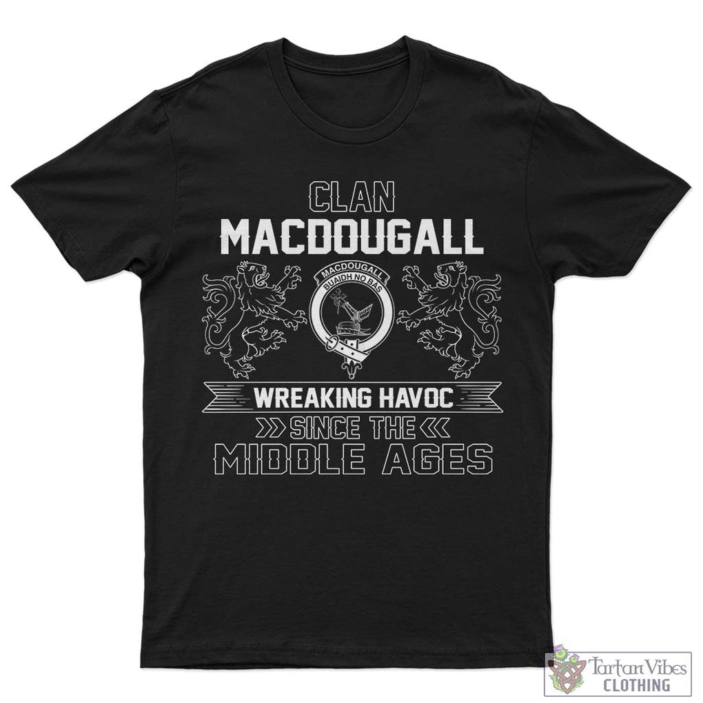 MacDougall (McDougall) Family Crest 2D Cotton Men's T-Shirt Wreaking Havoc Style Sapphire - 2D-tartanvibesclothing