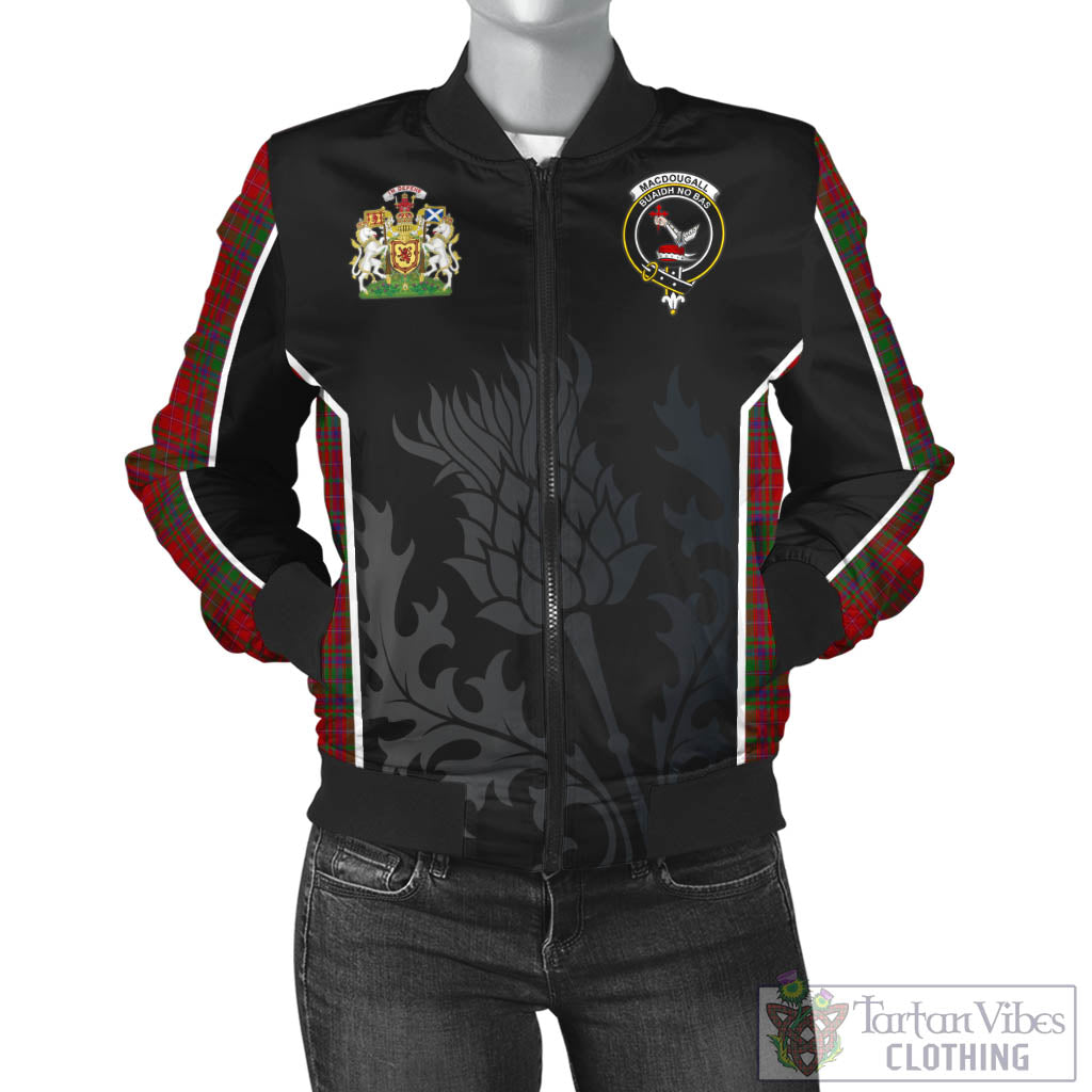 Tartan Vibes Clothing MacDougall Tartan Bomber Jacket with Family Crest and Scottish Thistle Vibes Sport Style