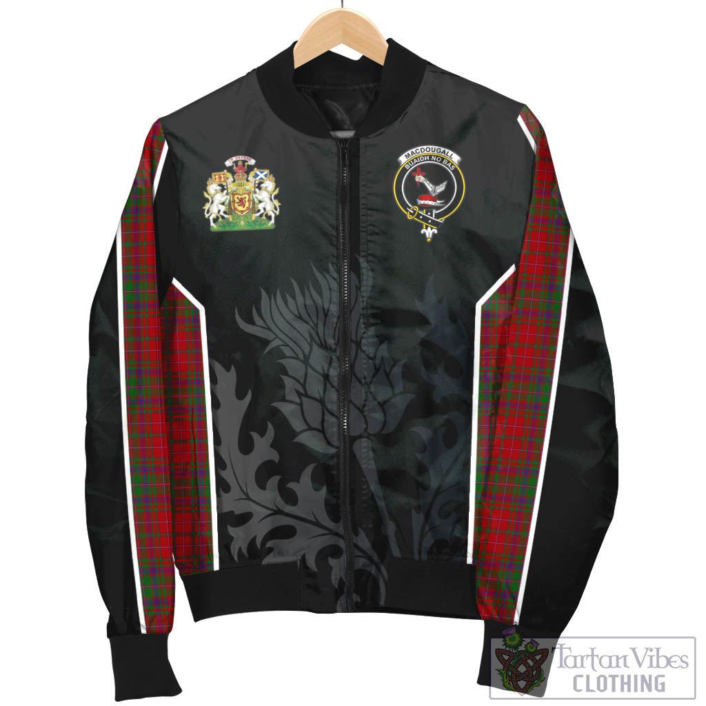 Tartan Vibes Clothing MacDougall Tartan Bomber Jacket with Family Crest and Scottish Thistle Vibes Sport Style