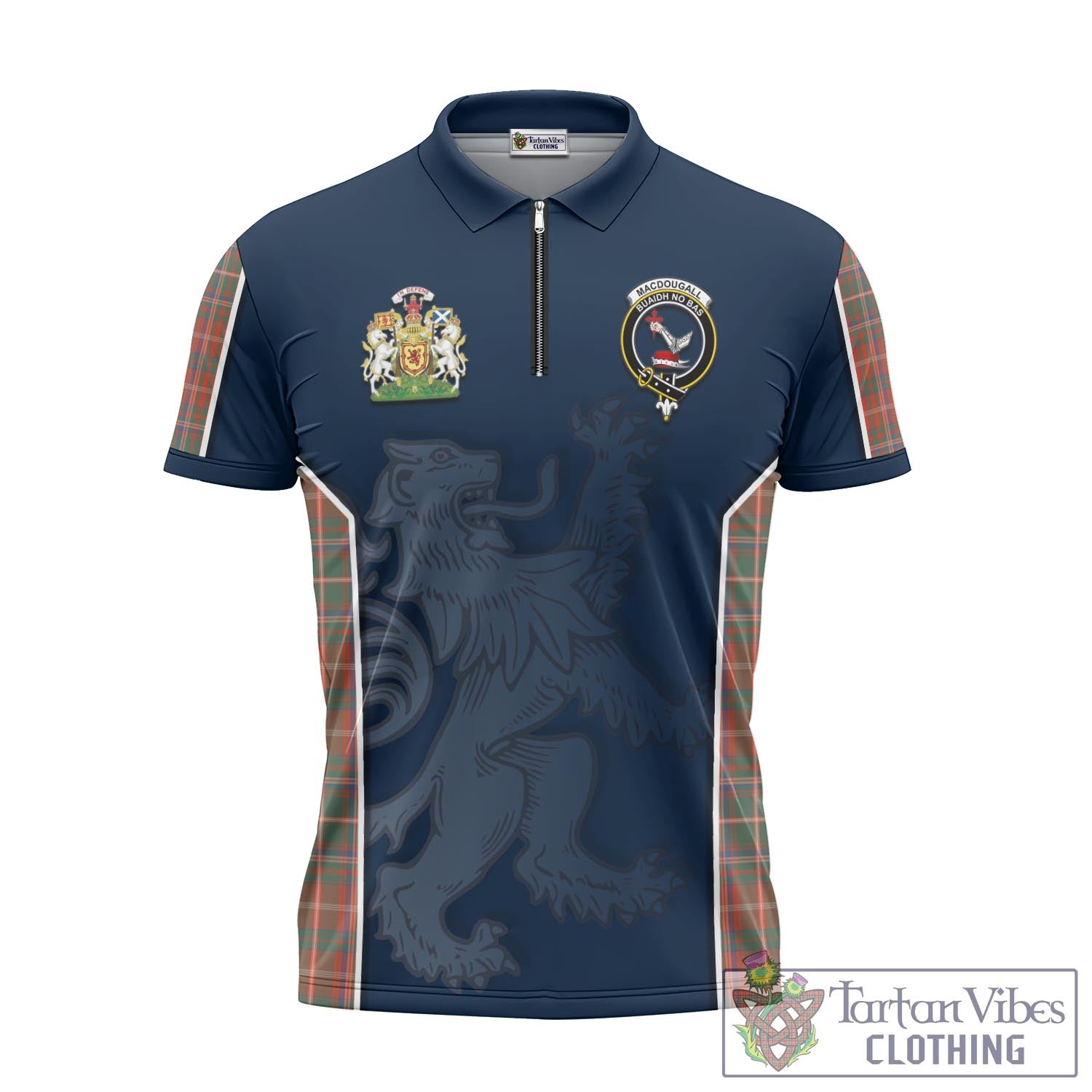 Tartan Vibes Clothing MacDougall Ancient Tartan Zipper Polo Shirt with Family Crest and Lion Rampant Vibes Sport Style