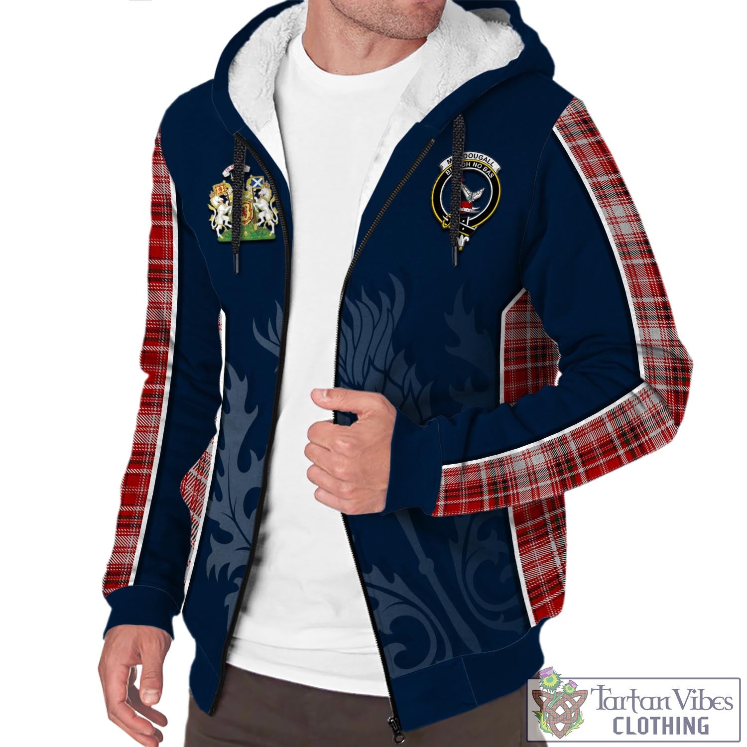 Tartan Vibes Clothing MacDougall Dress Tartan Sherpa Hoodie with Family Crest and Scottish Thistle Vibes Sport Style