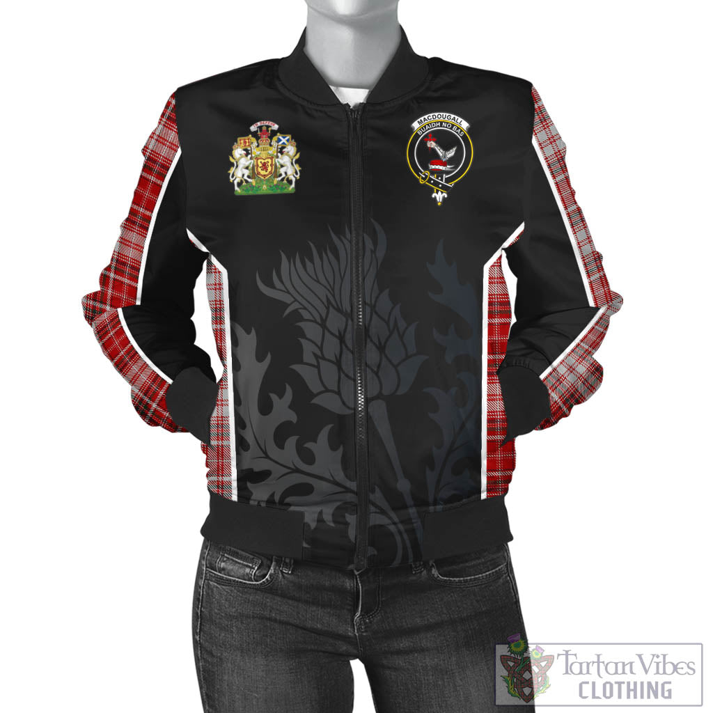 Tartan Vibes Clothing MacDougall Dress Tartan Bomber Jacket with Family Crest and Scottish Thistle Vibes Sport Style