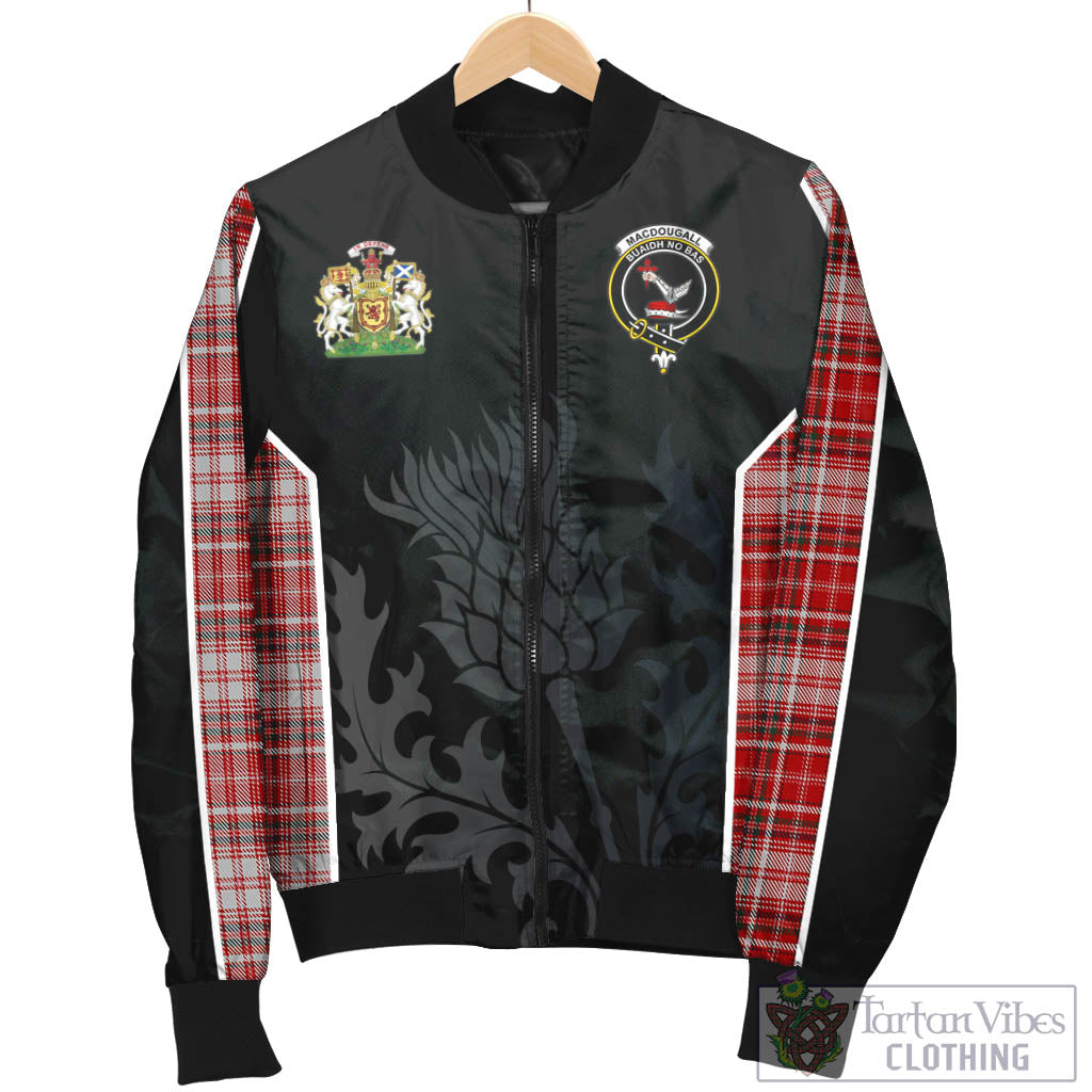 Tartan Vibes Clothing MacDougall Dress Tartan Bomber Jacket with Family Crest and Scottish Thistle Vibes Sport Style
