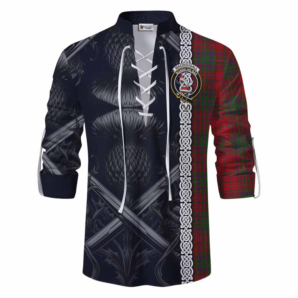 Tartan Vibes Clothing MacDougall (McDougall) Tartan Ghillie Kilt Shirt with Family Crest Cross Sword Thistle Celtic Vibes