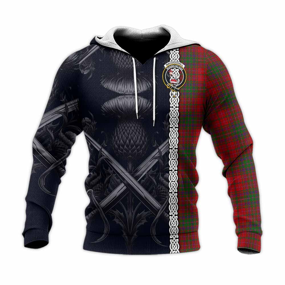 Tartan Vibes Clothing MacDougall (McDougall) Tartan Knitted Hoodie with Family Crest Cross Sword Thistle Celtic Vibes
