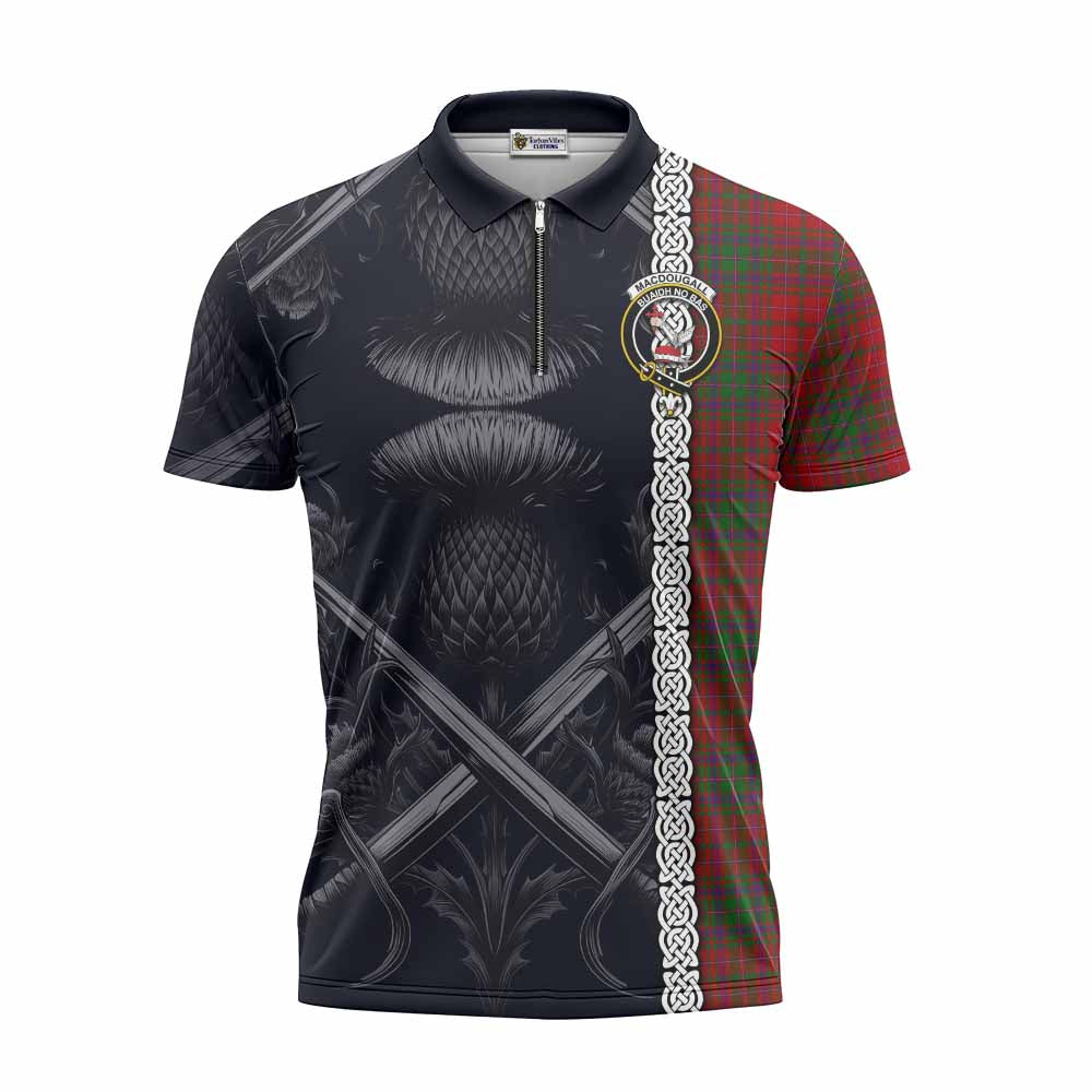 Tartan Vibes Clothing MacDougall (McDougall) Tartan Zipper Polo Shirt with Family Crest Cross Sword Thistle Celtic Vibes