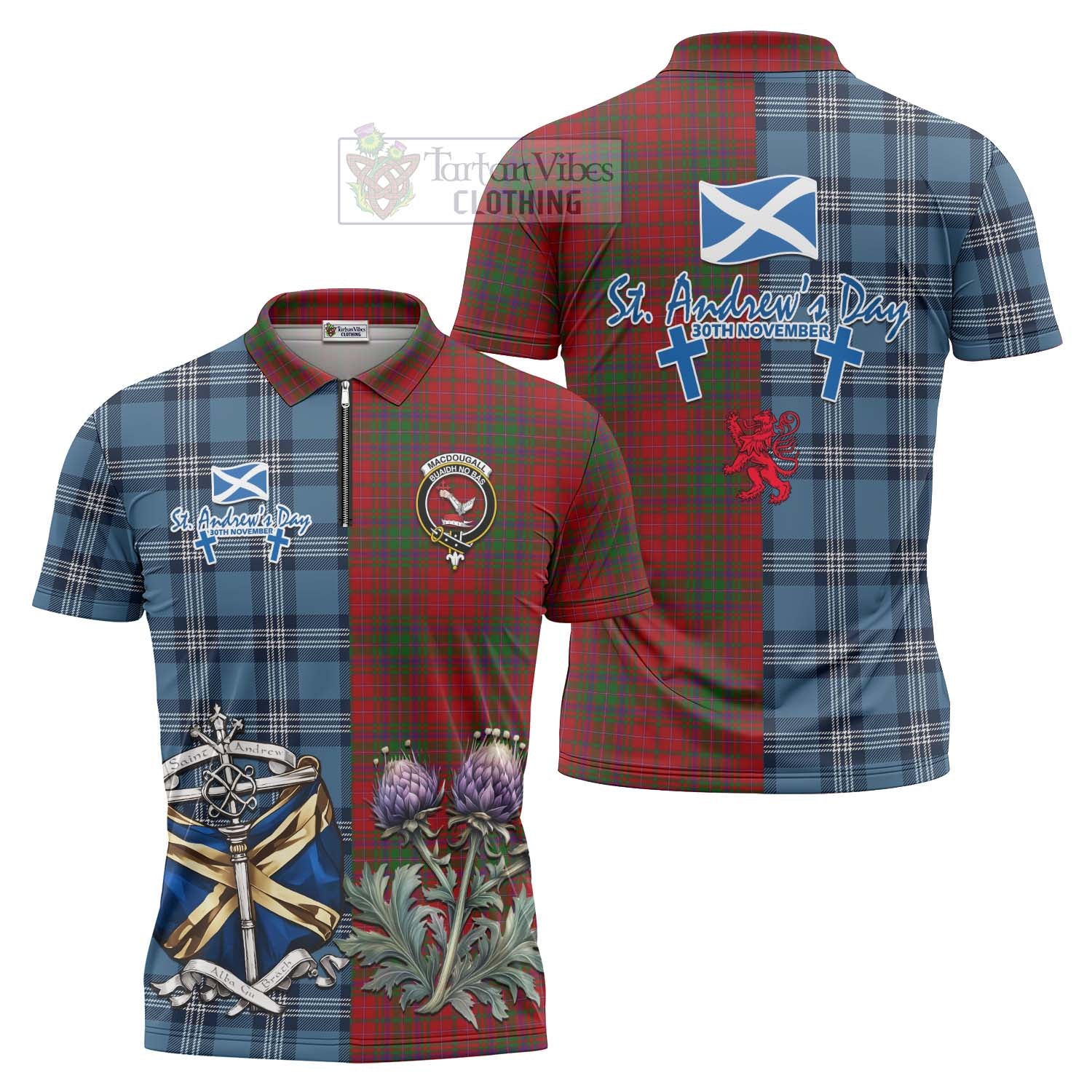 Tartan Vibes Clothing MacDougall (McDougall) Tartan Zipper Polo Shirt Happy St. Andrew's Day Half Tartan Style