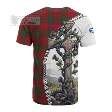 MacDougall (McDougall) Tartan Cotton T-shirt with Family Crest and St. Andrew's Cross Accented by Thistle Vines