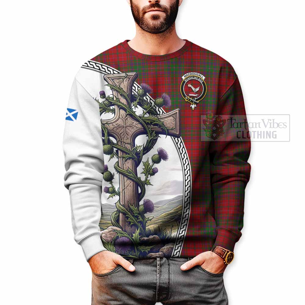 MacDougall (McDougall) Tartan Sweatshirt with Family Crest and St. Andrew's Cross Accented by Thistle Vines - Tartan Vibes Clothing
