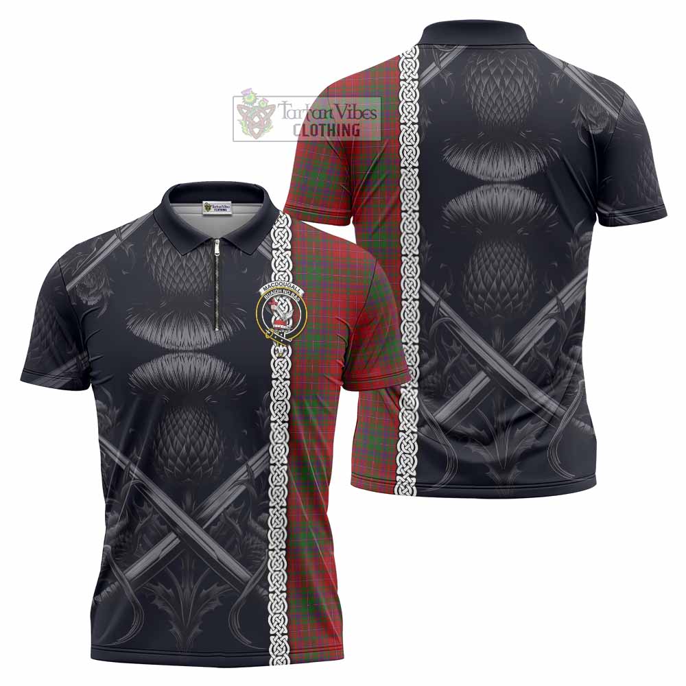Tartan Vibes Clothing MacDougall (McDougall) Tartan Zipper Polo Shirt with Family Crest Cross Sword Thistle Celtic Vibes