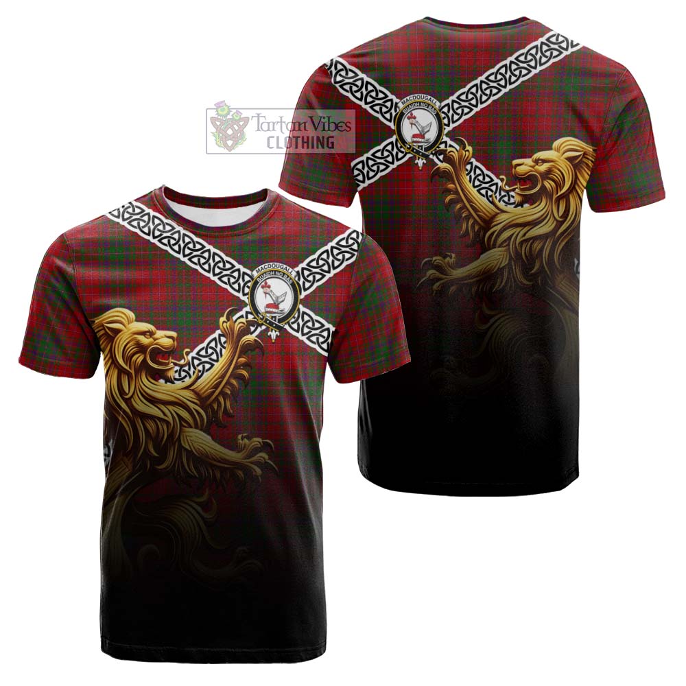 Tartan Vibes Clothing MacDougall (McDougall) Crest Tartan Cotton T-shirt with Golden Lion Emblem Celtic Style