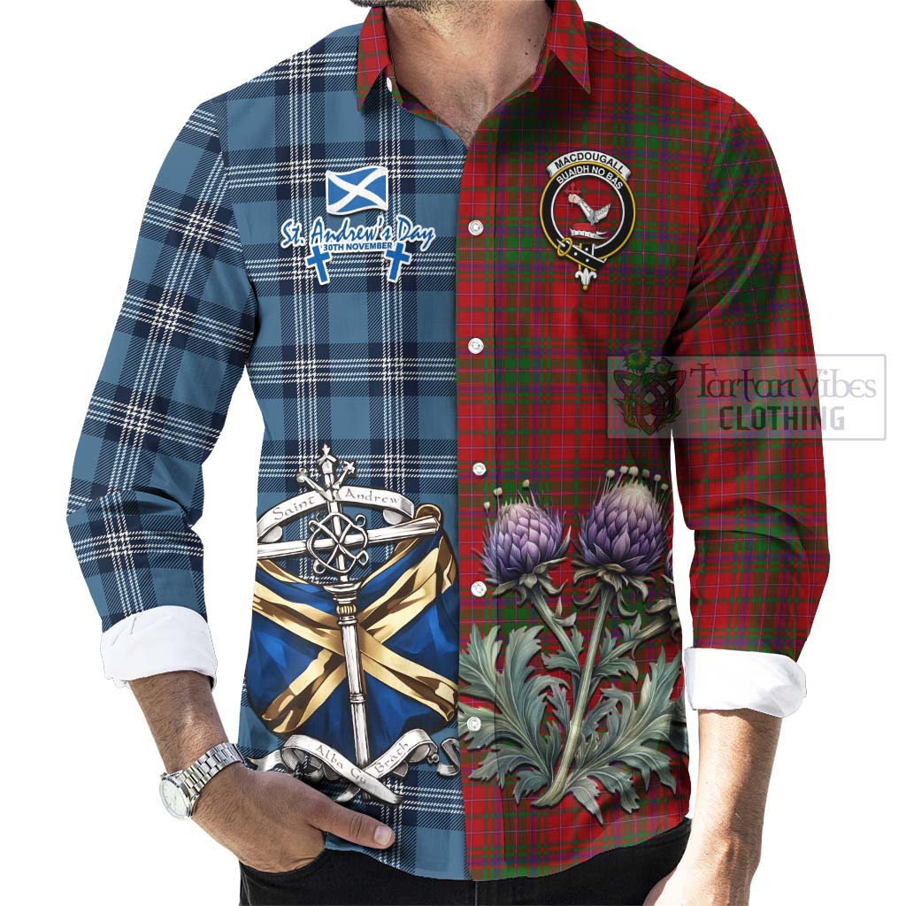 Tartan Vibes Clothing MacDougall (McDougall) Tartan Long Sleeve Button Shirt Happy St. Andrew's Day Half Tartan Style