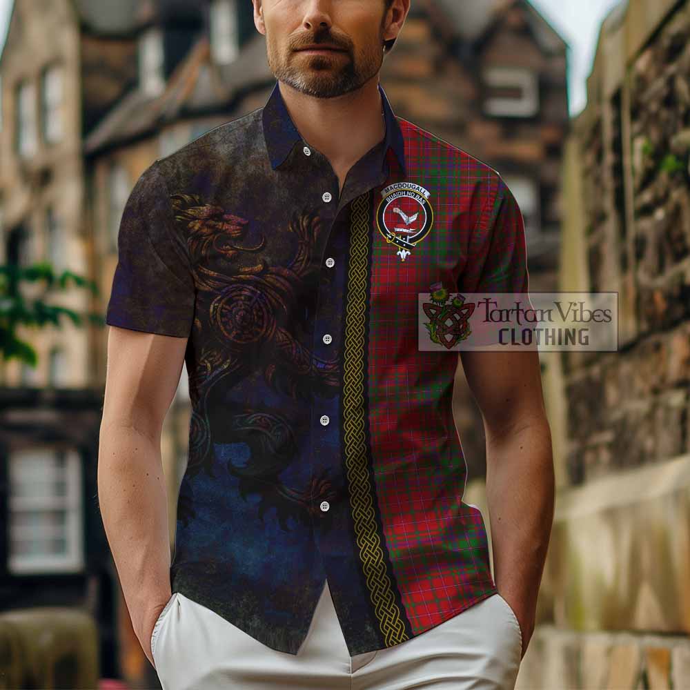 Tartan Vibes Clothing MacDougall (McDougall) Tartan Family Crest Short Sleeve Button Shirt Alba Gu Brath Be Brave Lion Ancient Style