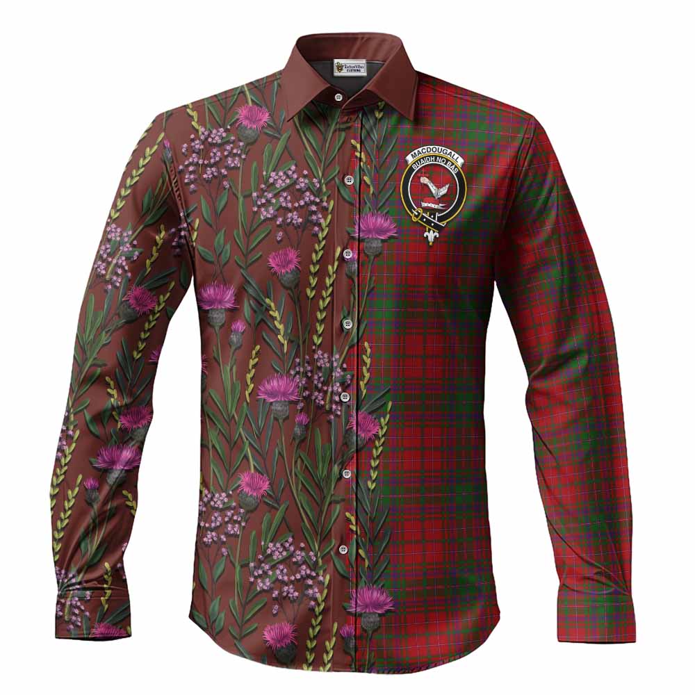 MacDougall (McDougall) Family Crest Tartan Long Sleeve Button Shirts Scottish Thistle Flower Pattern Half Style - Tartan Vibes Clothing