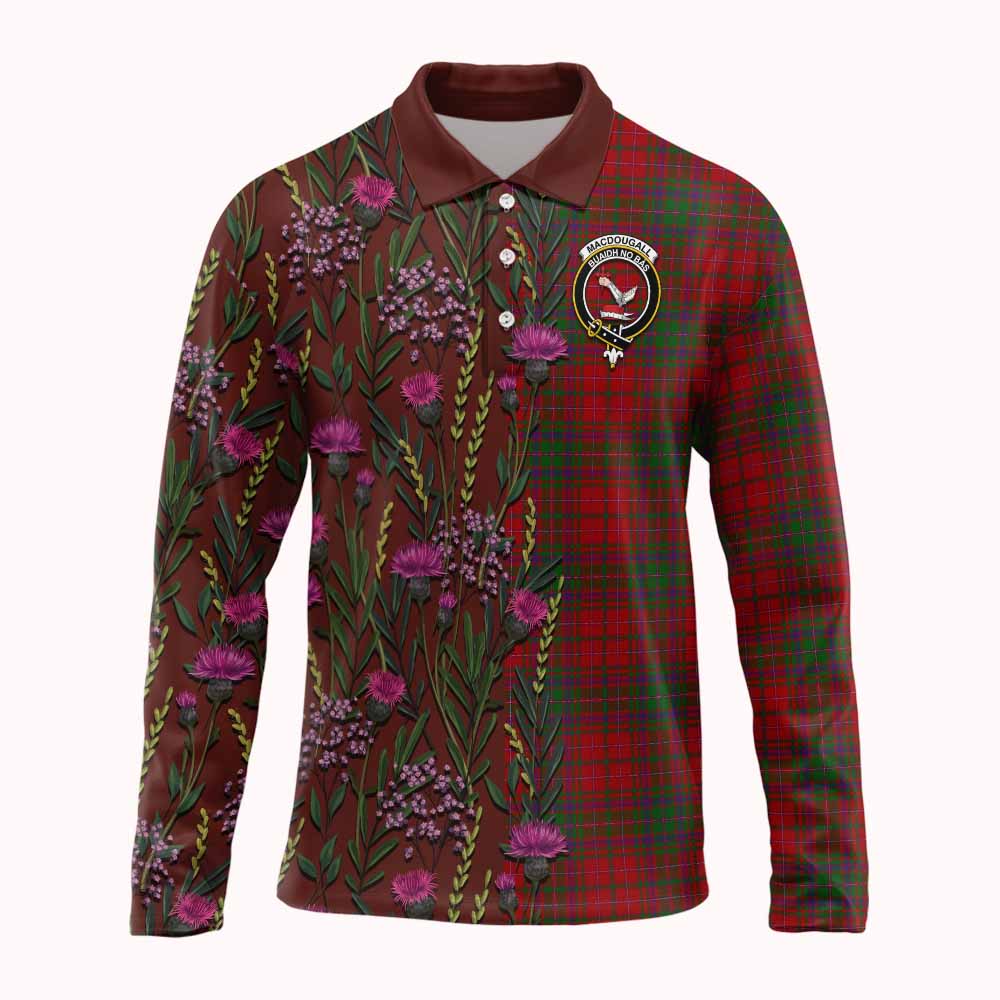 MacDougall (McDougall) Family Crest Tartan Long Sleeve Polo Shirt Scottish Thistle Flower Pattern Half Style - Tartan Vibes Clothing