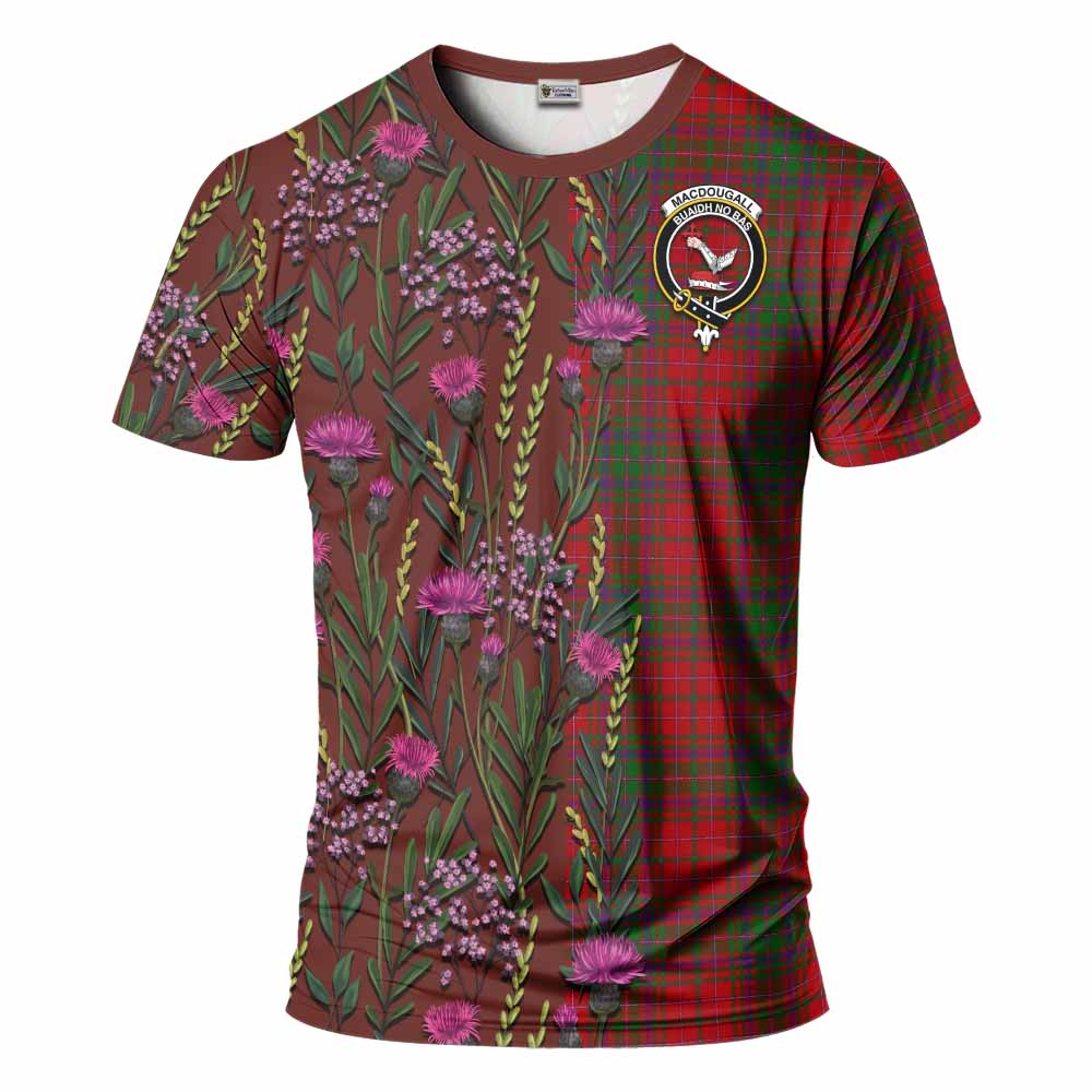 MacDougall (McDougall) Family Crest Tartan T-Shirt Scottish Thistle Flower Pattern Half Style - Tartan Vibes Clothing