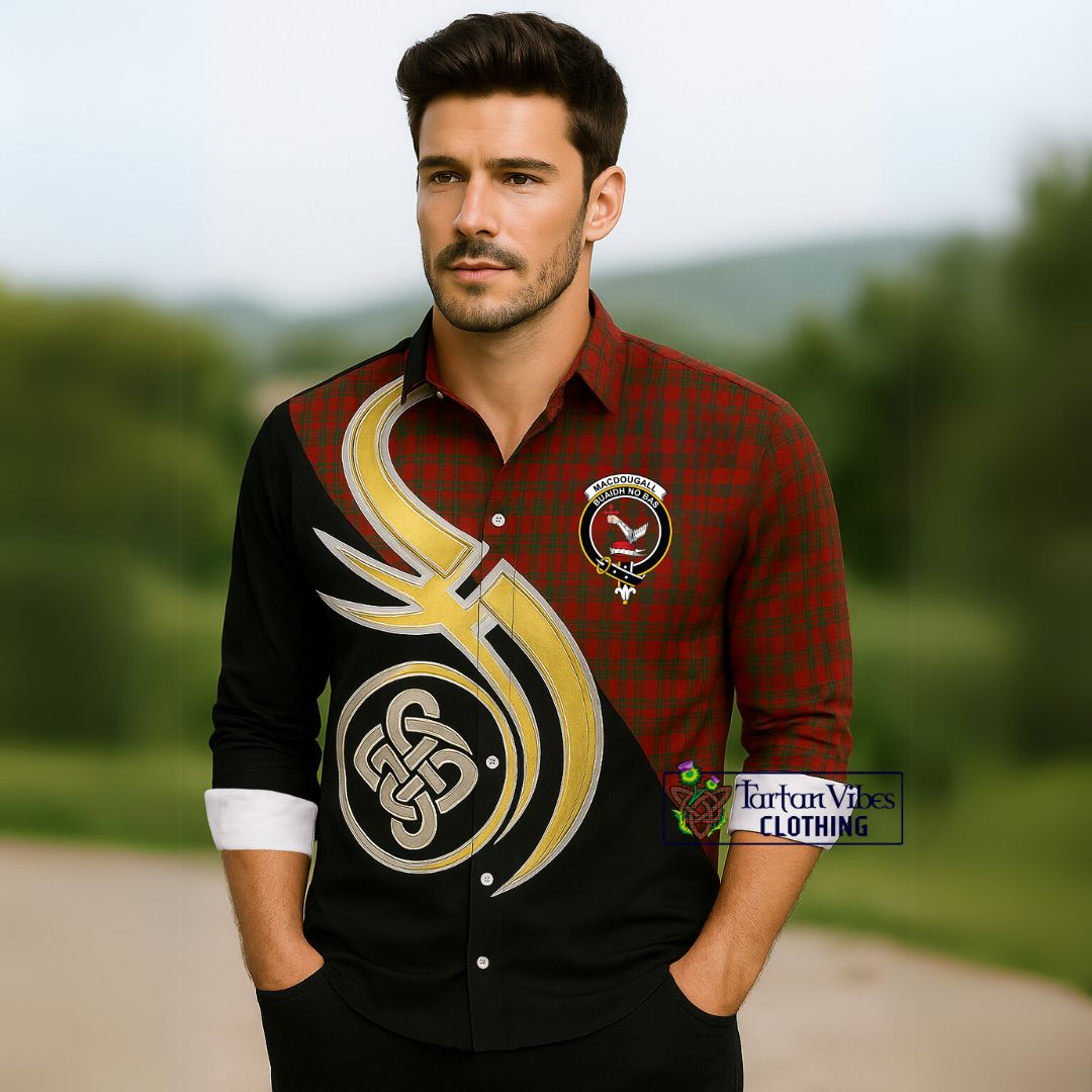 MacDougall (McDougall) Tartan Long Sleeve Button Shirt with Family Crest and Celtic Symbol Style