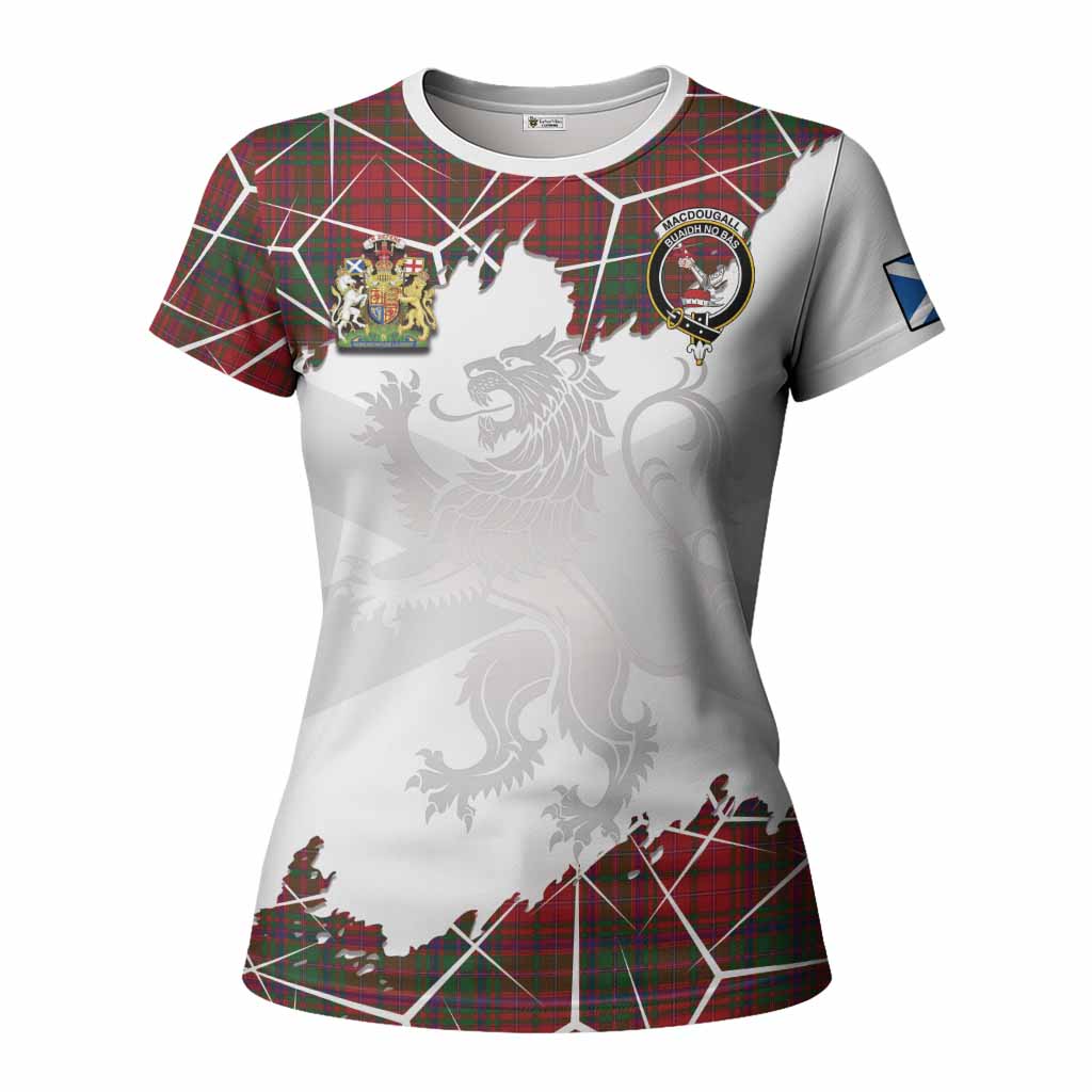 MacDougall (McDougall) Tartan Women T shirt with Family Crest and Lion Rampant Grunge Style