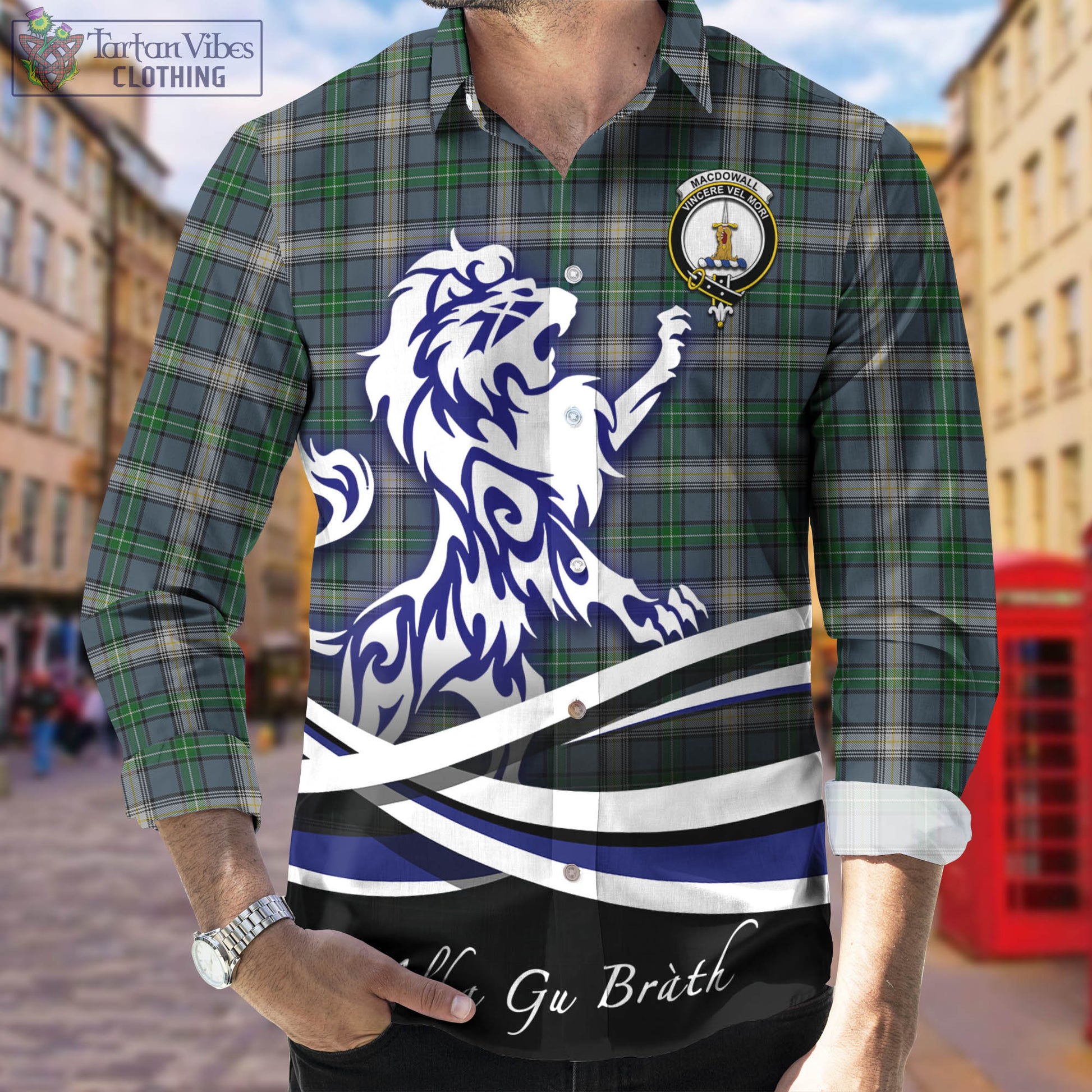 MacDowall (McDowall) Tartan Long Sleeve Button Up Shirt with Alba Gu Brath Regal Lion Emblem Men's Shirt - Tartan Vibes Clothing