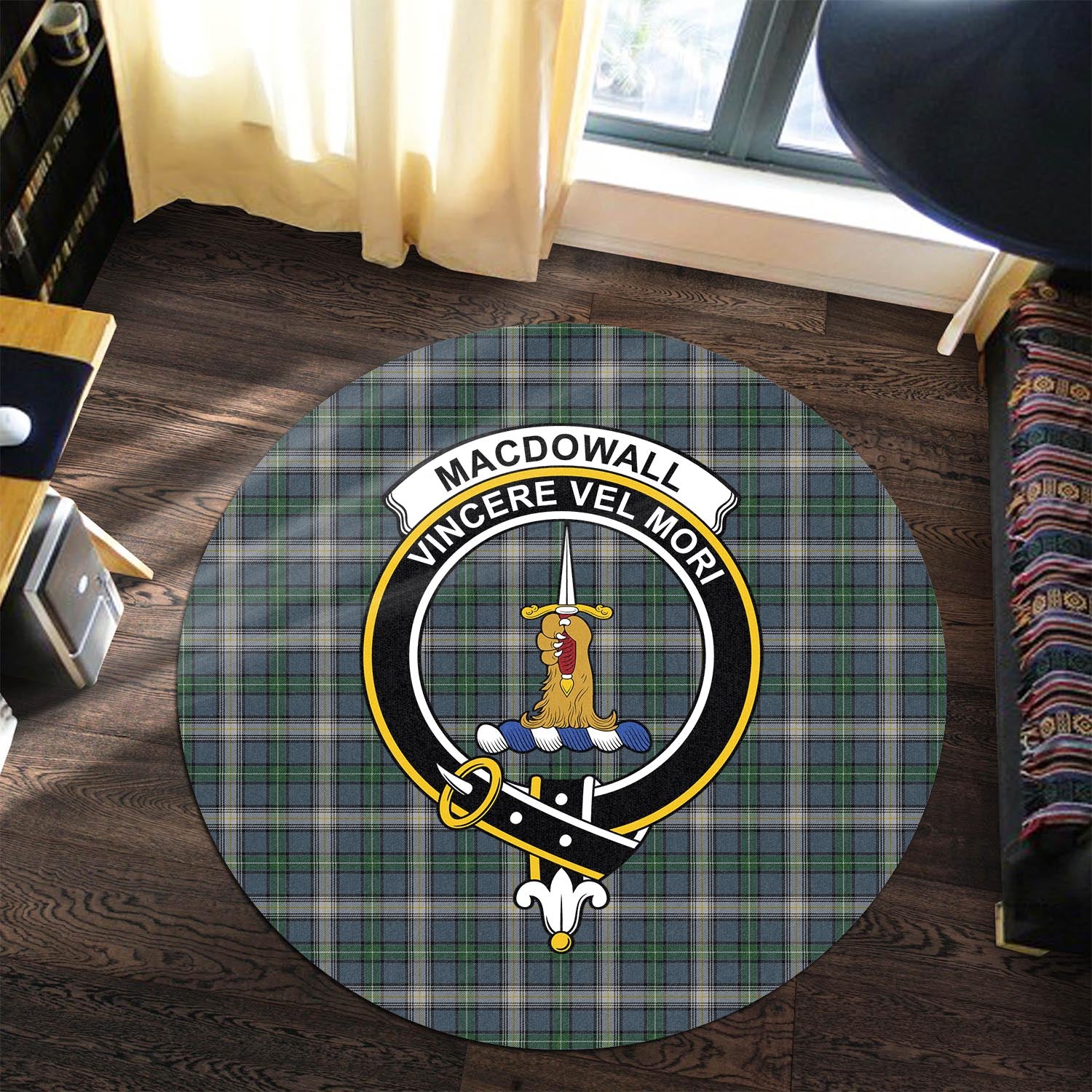 macdowall-tartan-round-rug-with-family-crest