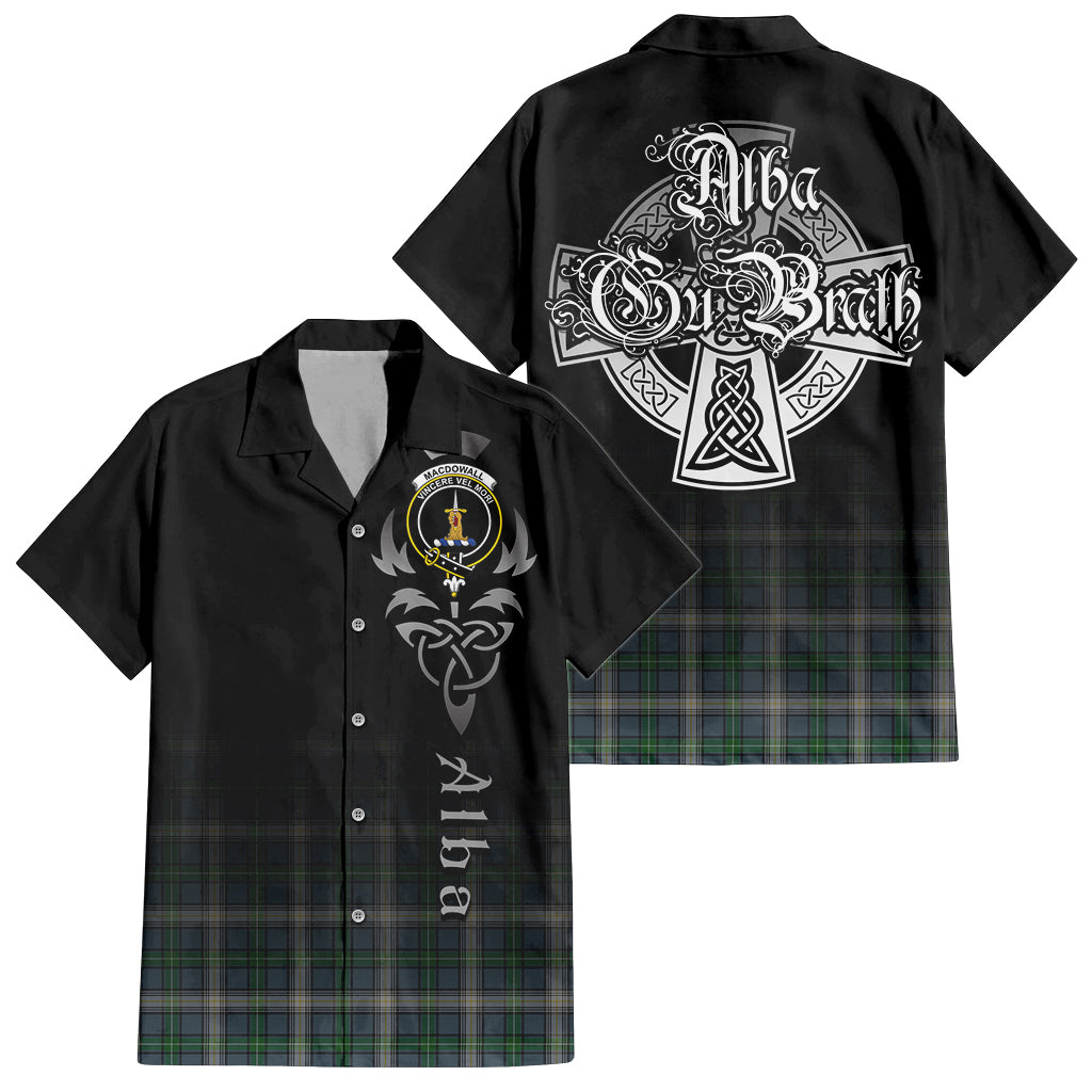 Tartan Vibes Clothing MacDowall Tartan Short Sleeve Button Up Featuring Alba Gu Brath Family Crest Celtic Inspired