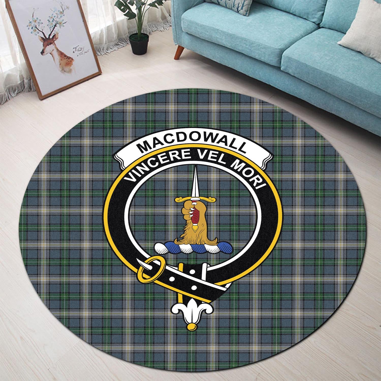 macdowall-tartan-round-rug-with-family-crest