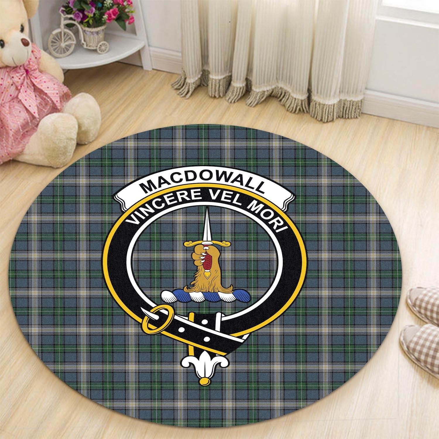 macdowall-tartan-round-rug-with-family-crest