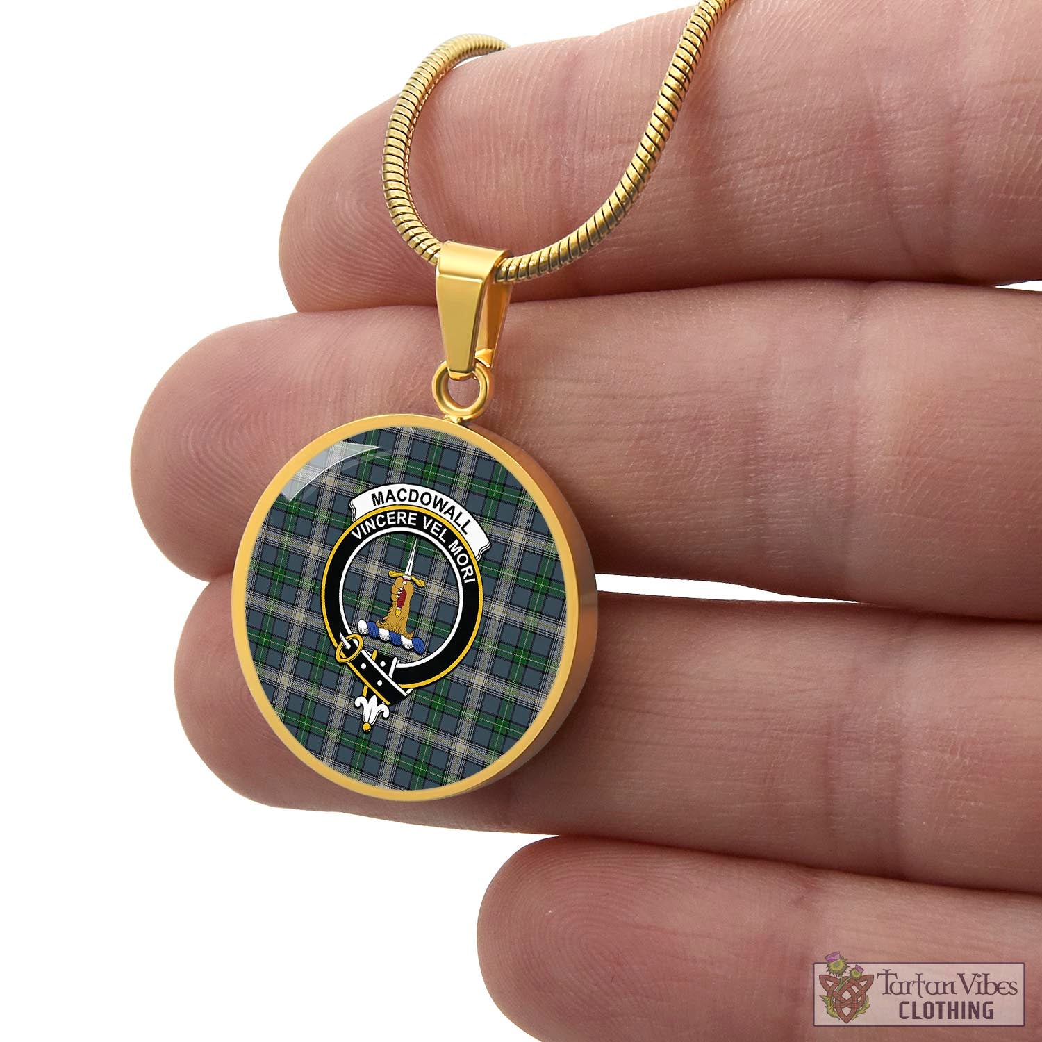 Tartan Vibes Clothing MacDowall Tartan Circle Necklace with Family Crest