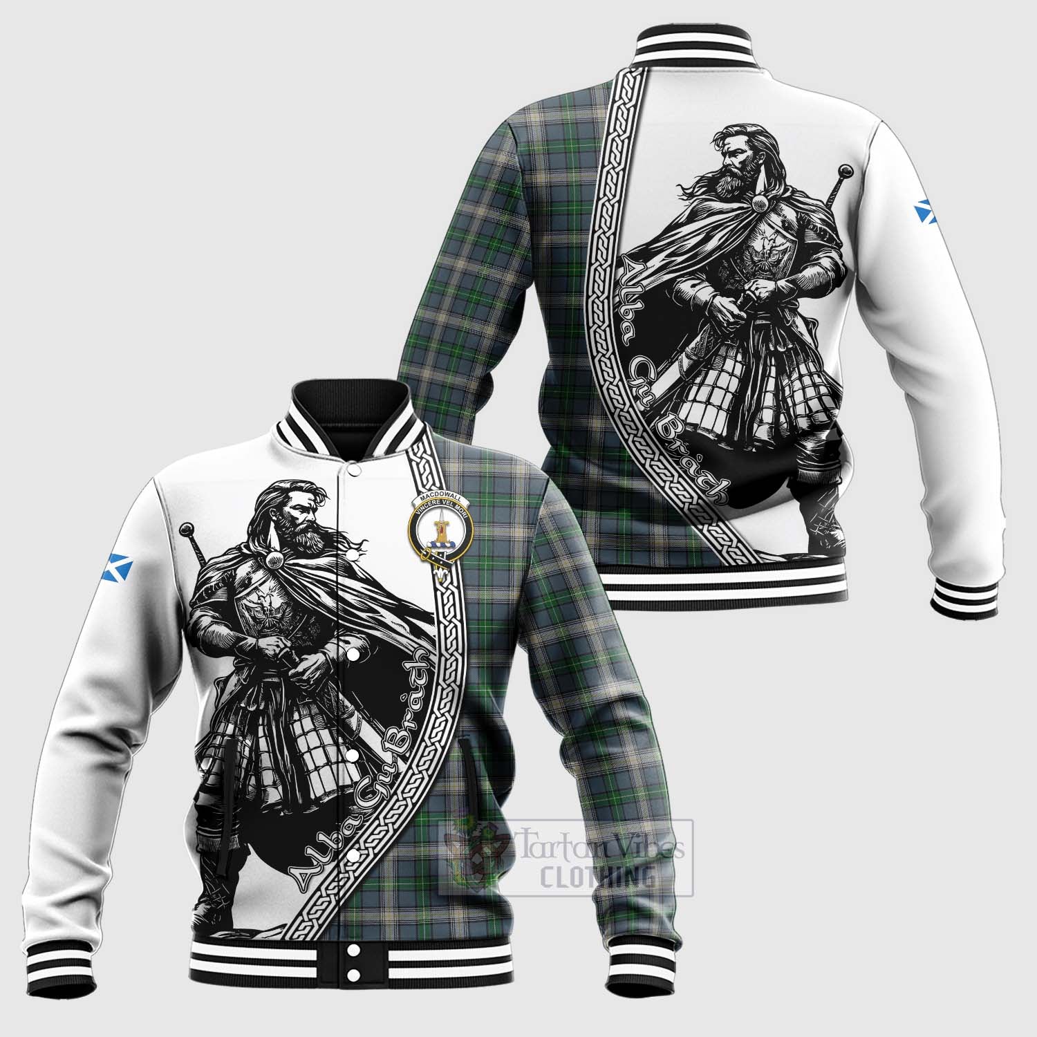 MacDowall (McDowall) Tartan Clan Crest Baseball Jacket with Highlander Warrior Celtic Style Unisex - Tartan Vibes Clothing