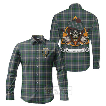 MacDowall (McDowall) Tartan Long Sleeve Button Shirt with Family Crest and Bearded Skull Holding Bottles of Whiskey Men's Shirt S - Tartan Vibes Clothing