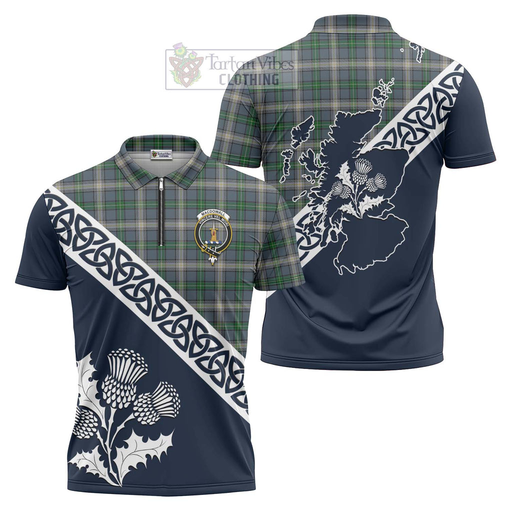 MacDowall (McDowall) Tartan Zipper Polo Shirt Featuring Thistle and Scotland Map Unisex - Tartanvibesclothing Store