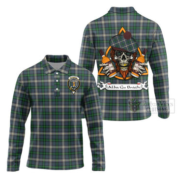 MacDowall (McDowall) Tartan Long Sleeve Polo Shirt with Family Crest and Bearded Skull Holding Bottles of Whiskey Unisex - Tartan Vibes Clothing